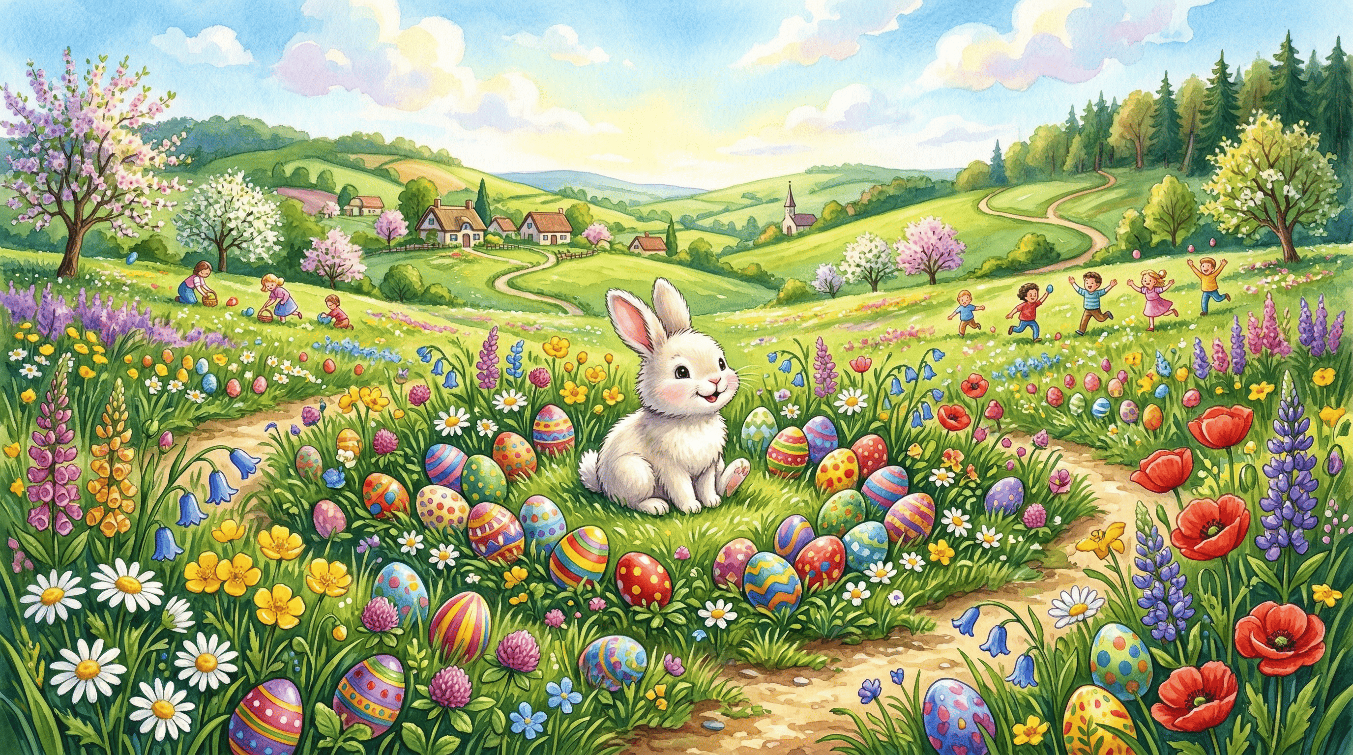 Easter bunny spring meadow colorful eggs landscape
