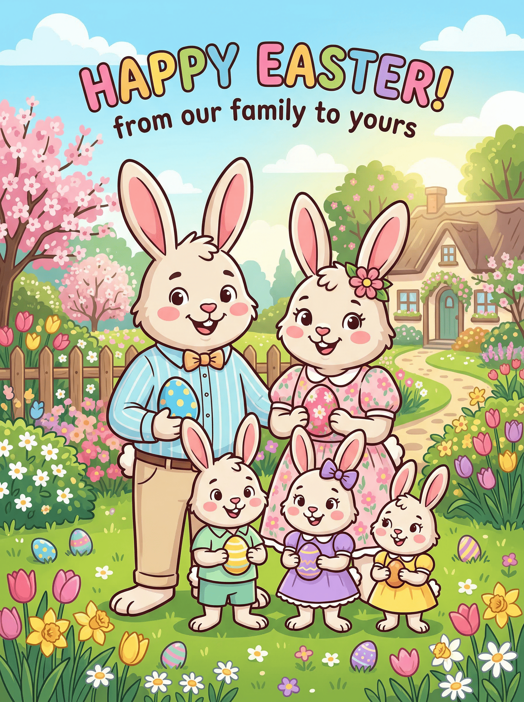 Familia de conejos de Pascua con ropa a juego en jardín primaveral