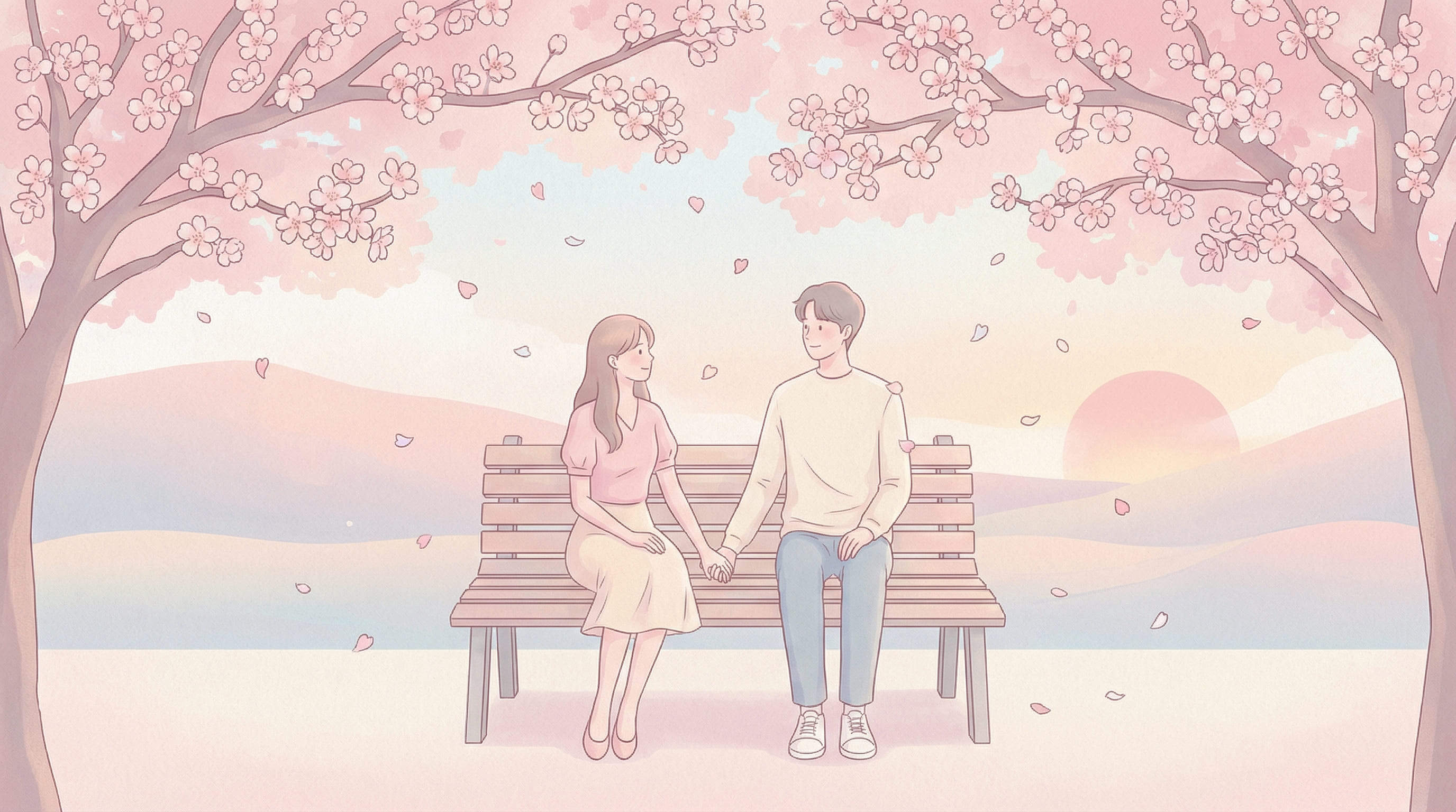 couple sur un banc sous des cerisiers en fleurs