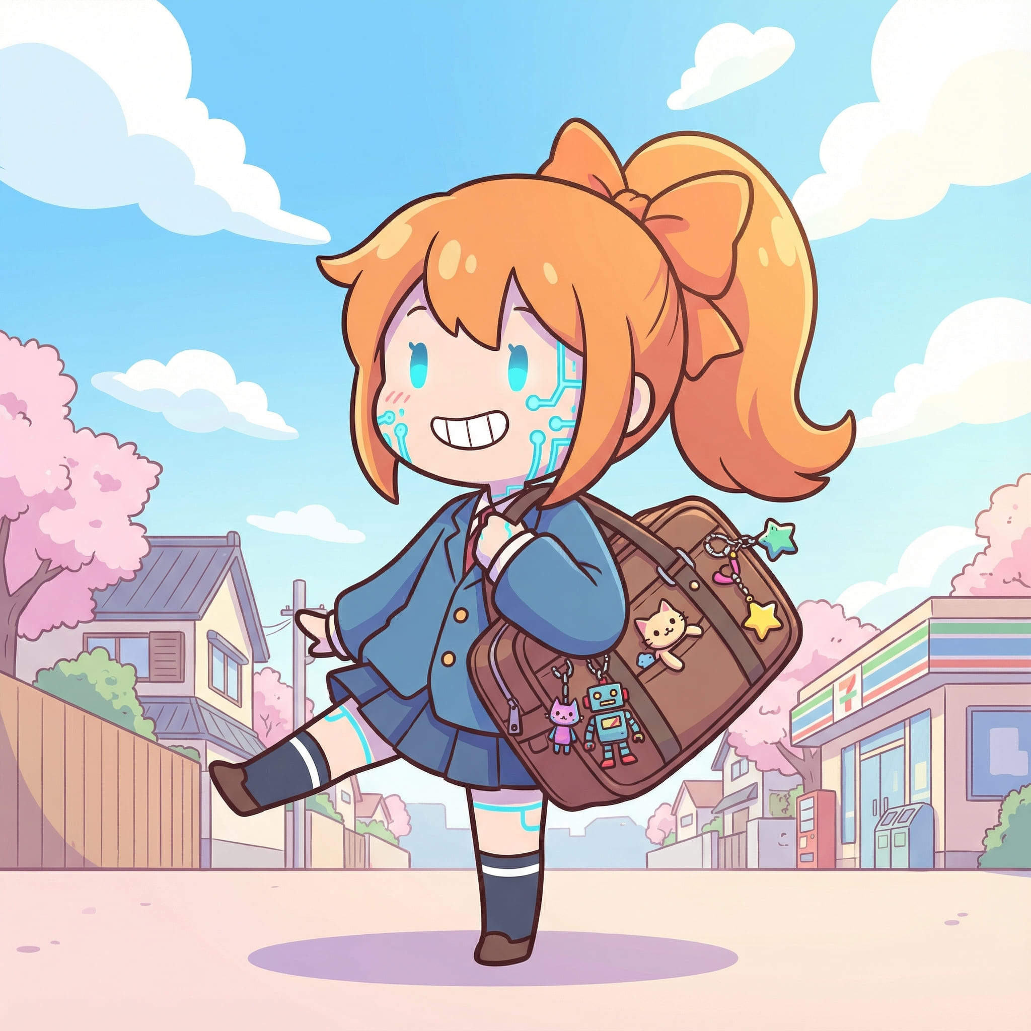 fille IA chibi à couette latérale orange avec sac d’école