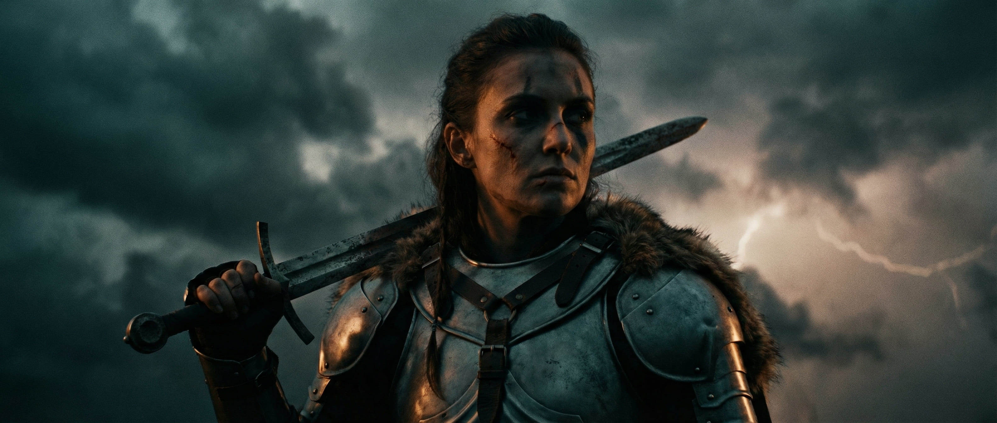 guerrière IA cinématographique en armure de plaques médiévale