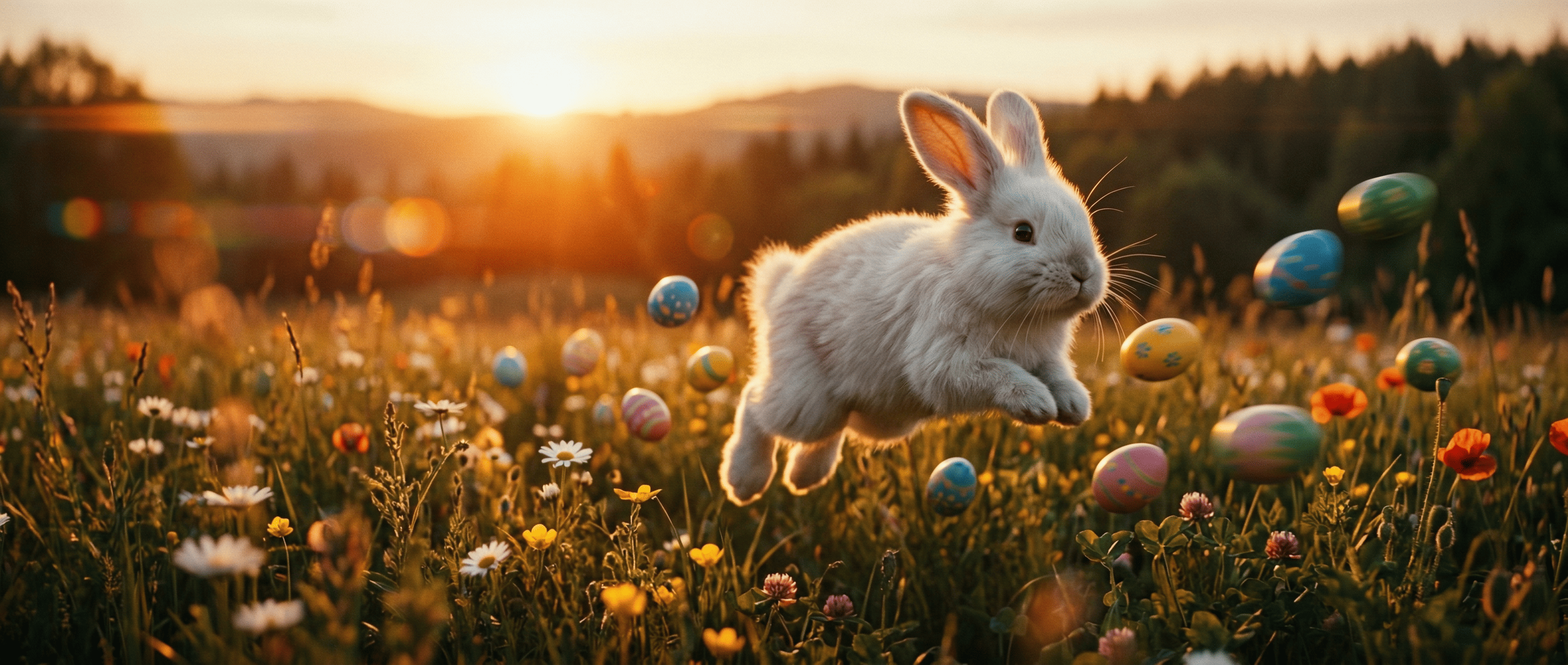 Conejo de Pascua cinemático en pradera al atardecer