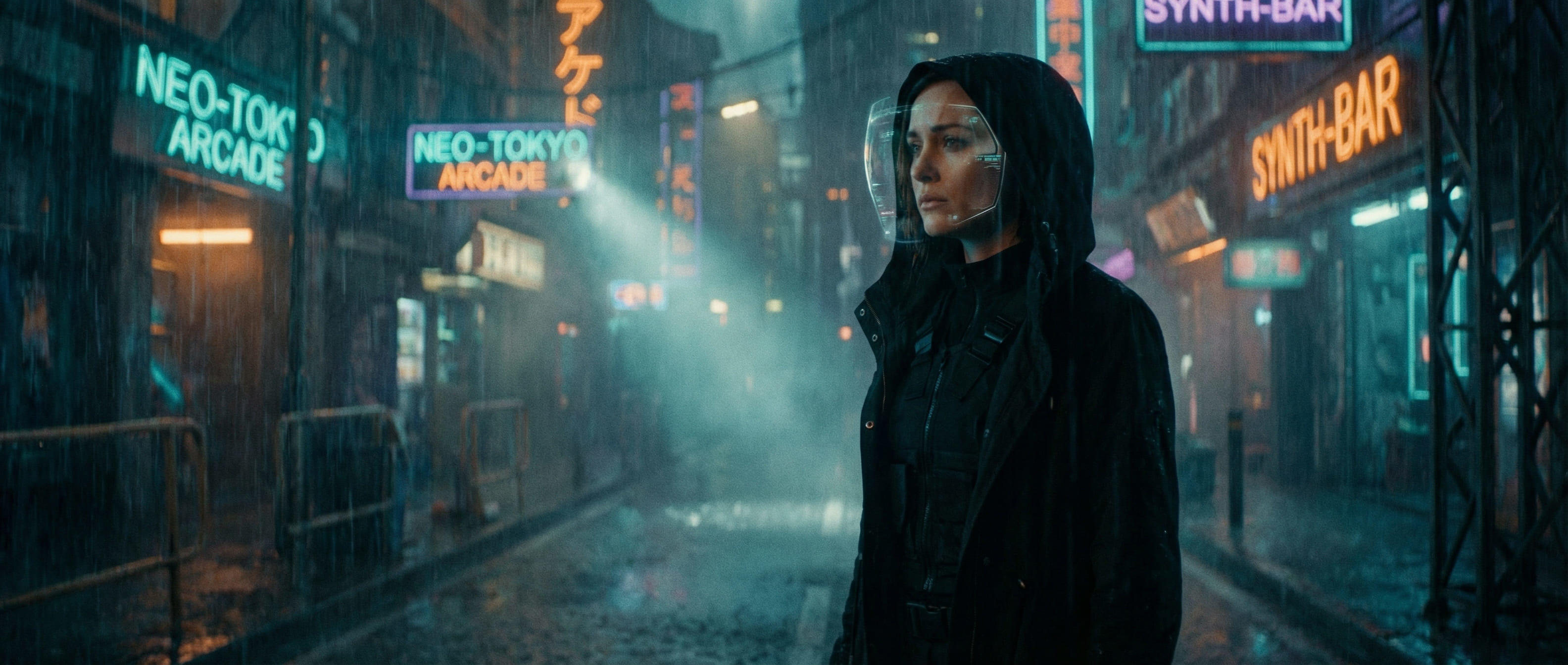 femme IA cyberpunk cinématographique sous la pluie néon