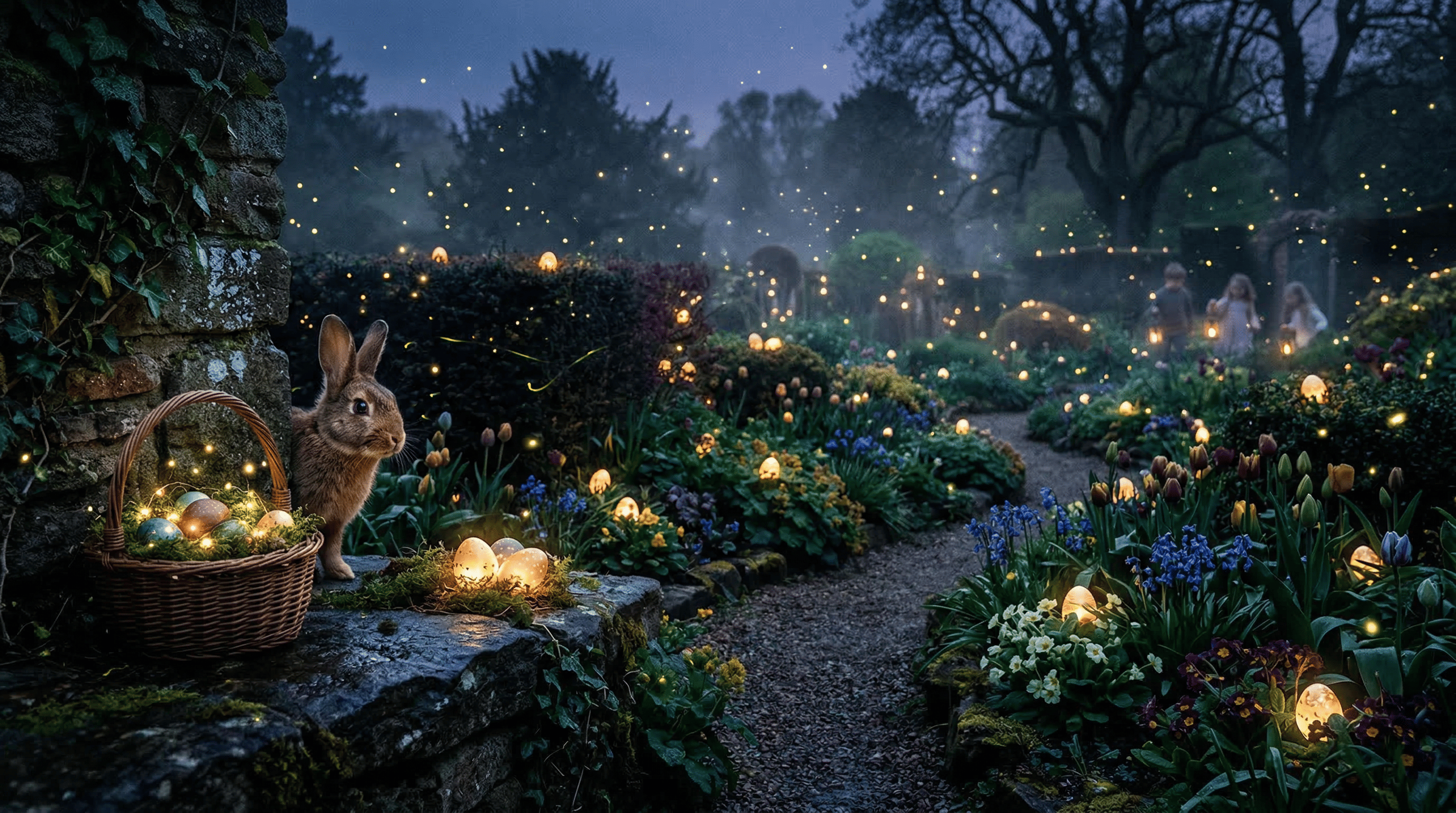 Cinematic Easter egg hunt enchanted twilight garden
