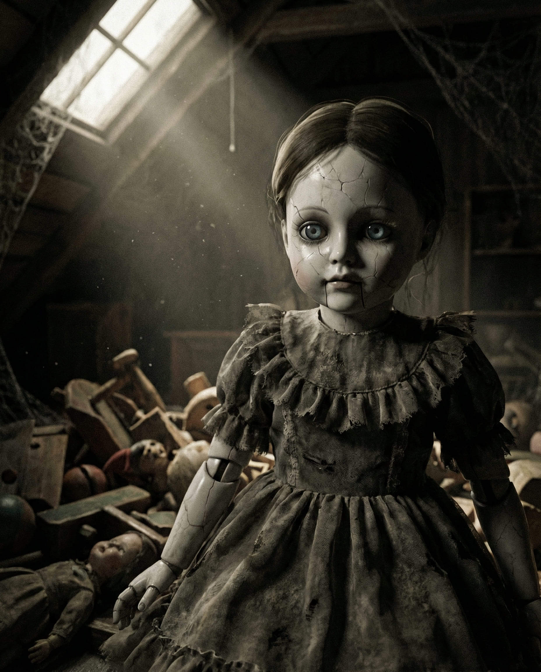 fillette poupée IA effrayante en porcelaine fissurée dans un grenier