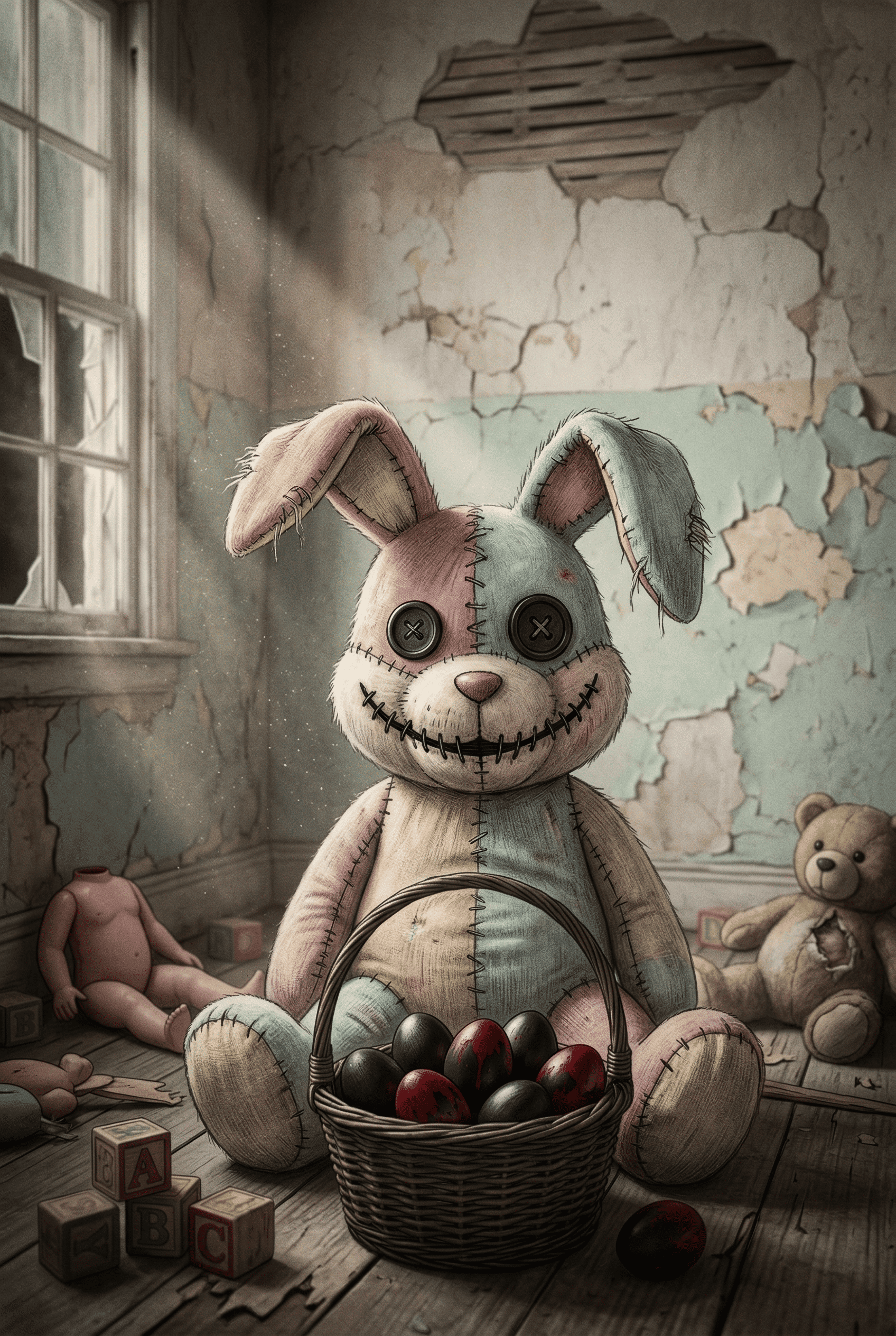 Creepy cute Easter bunny button eyes abandoned nursery