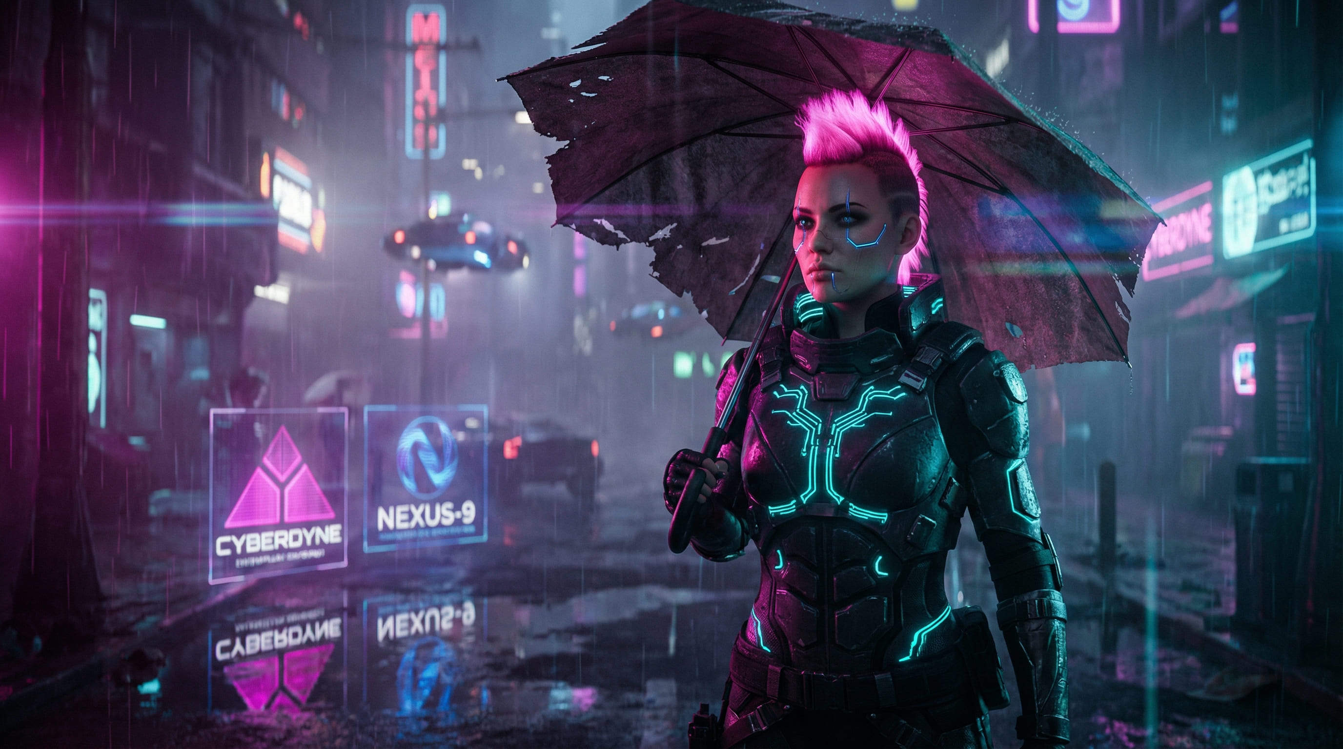 femme IA cyberpunk à crête néon dans une rue pluvieuse