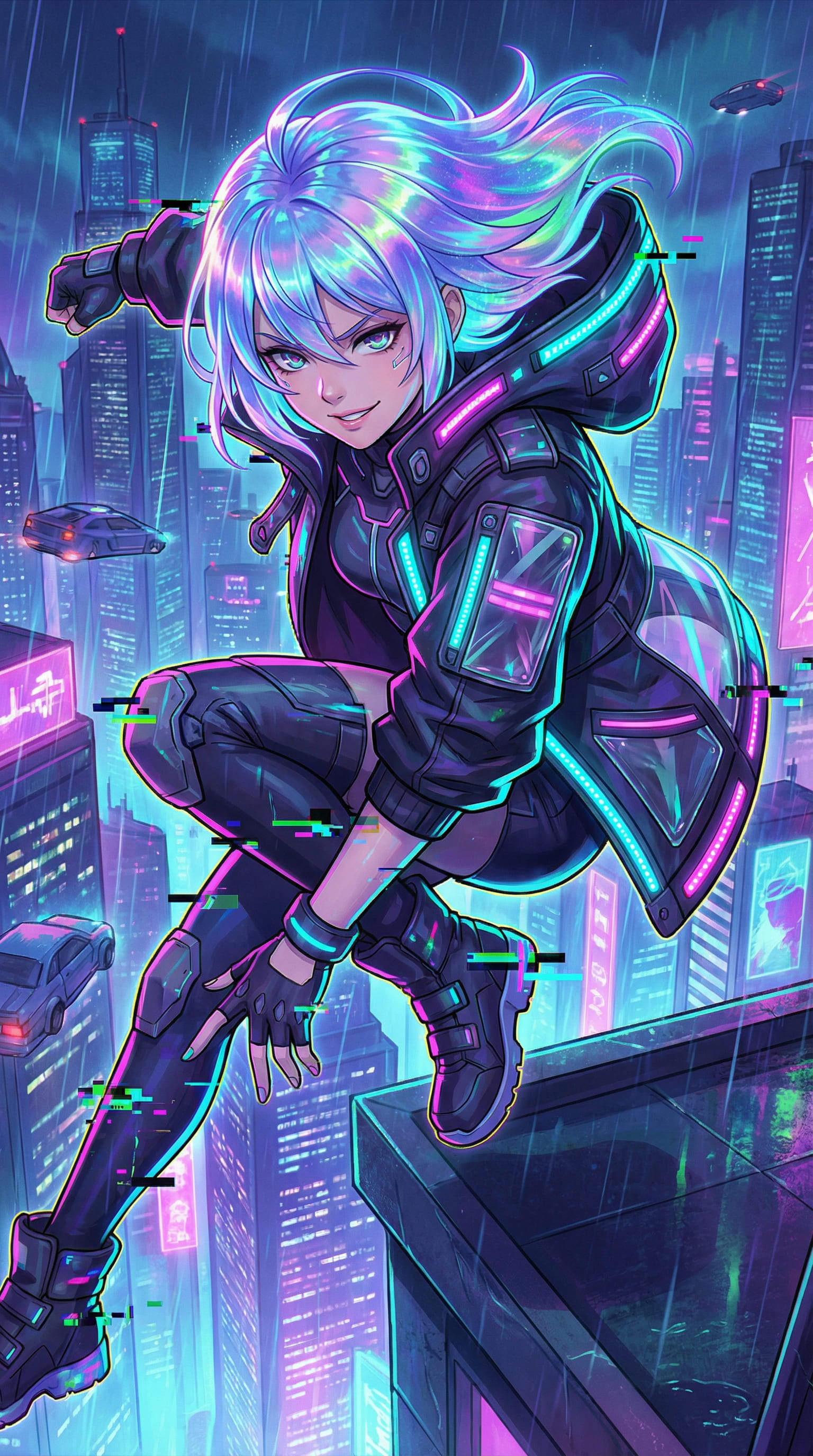 fille IA anime cyberpunk aux cheveux holographiques irisés