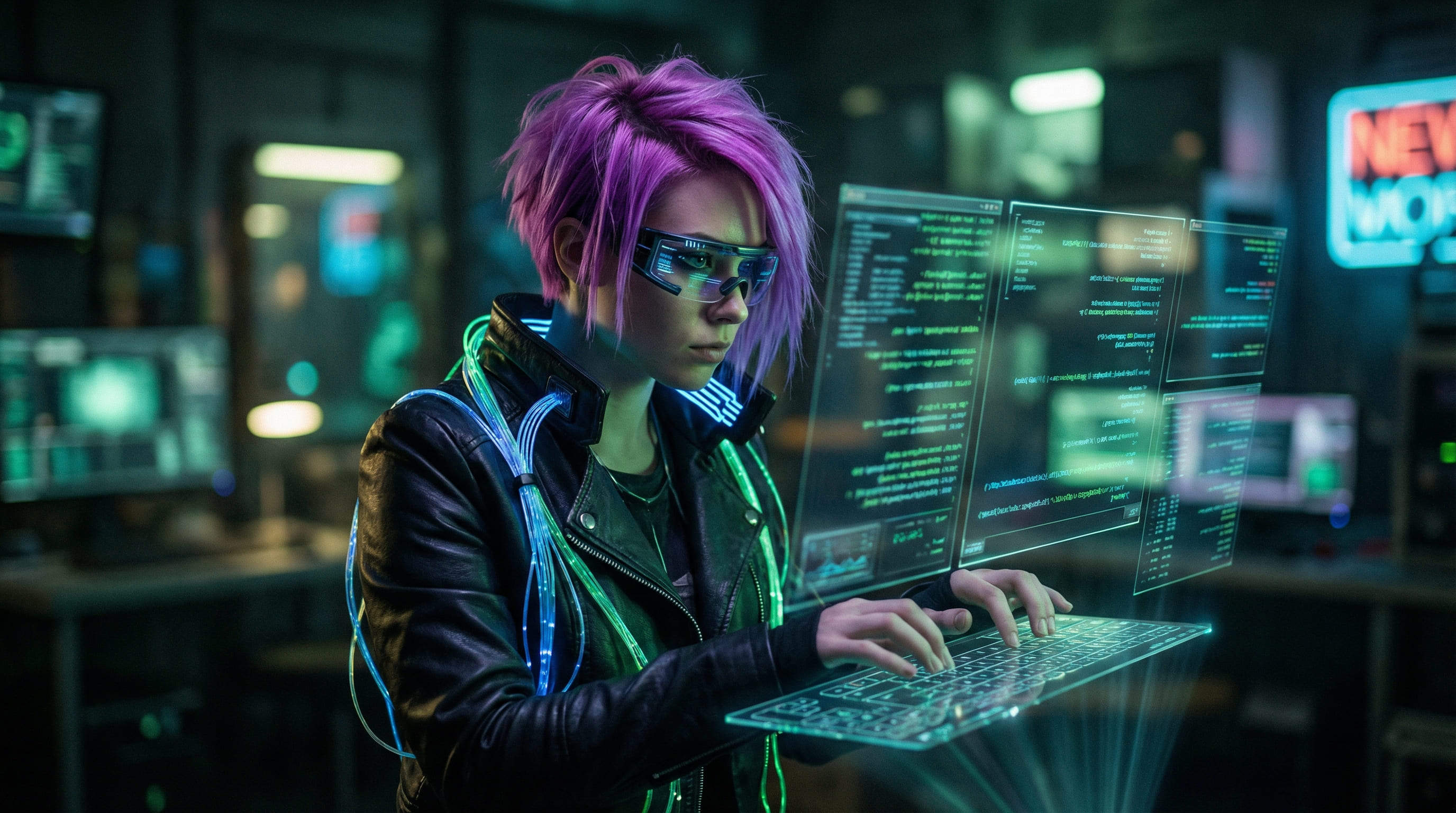 fille IA hackeuse cyberpunk cheveux violets devant des écrans