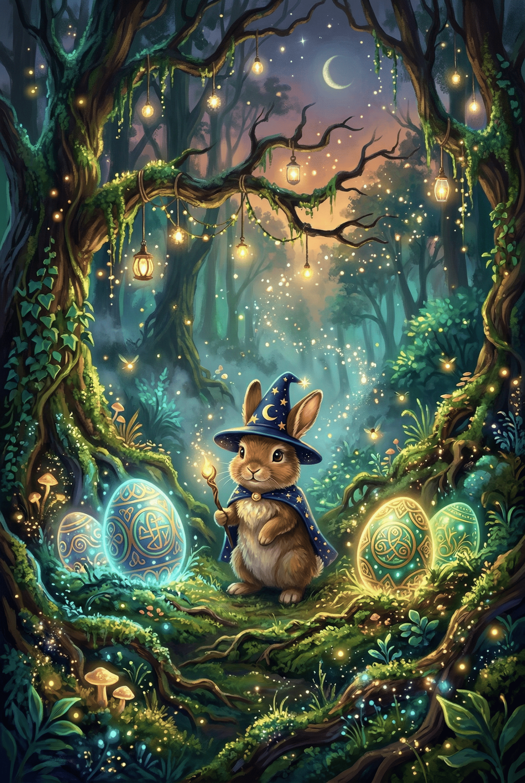 Conejo de Pascua encantado en bosque mágico con huevos luminosos