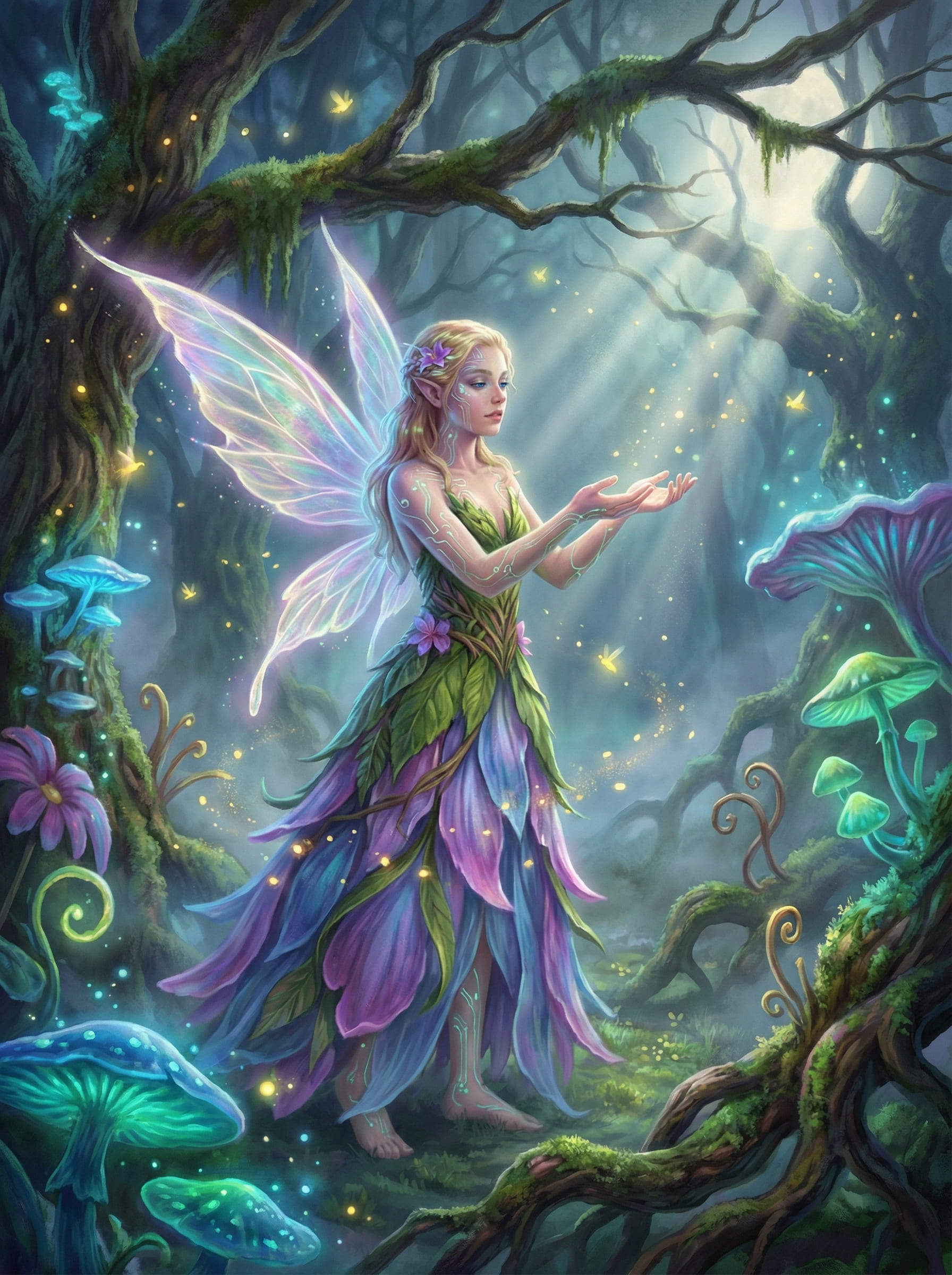 fée IA éthérée aux ailes irisées dans une forêt