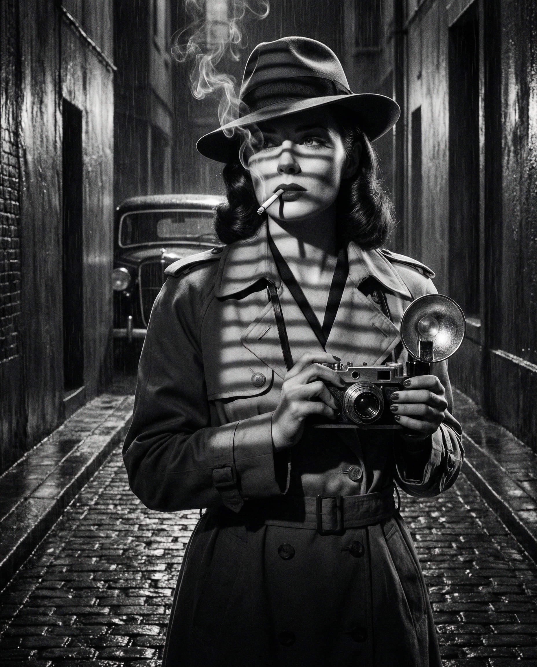 fille détective IA film noir vintage mystérieuse