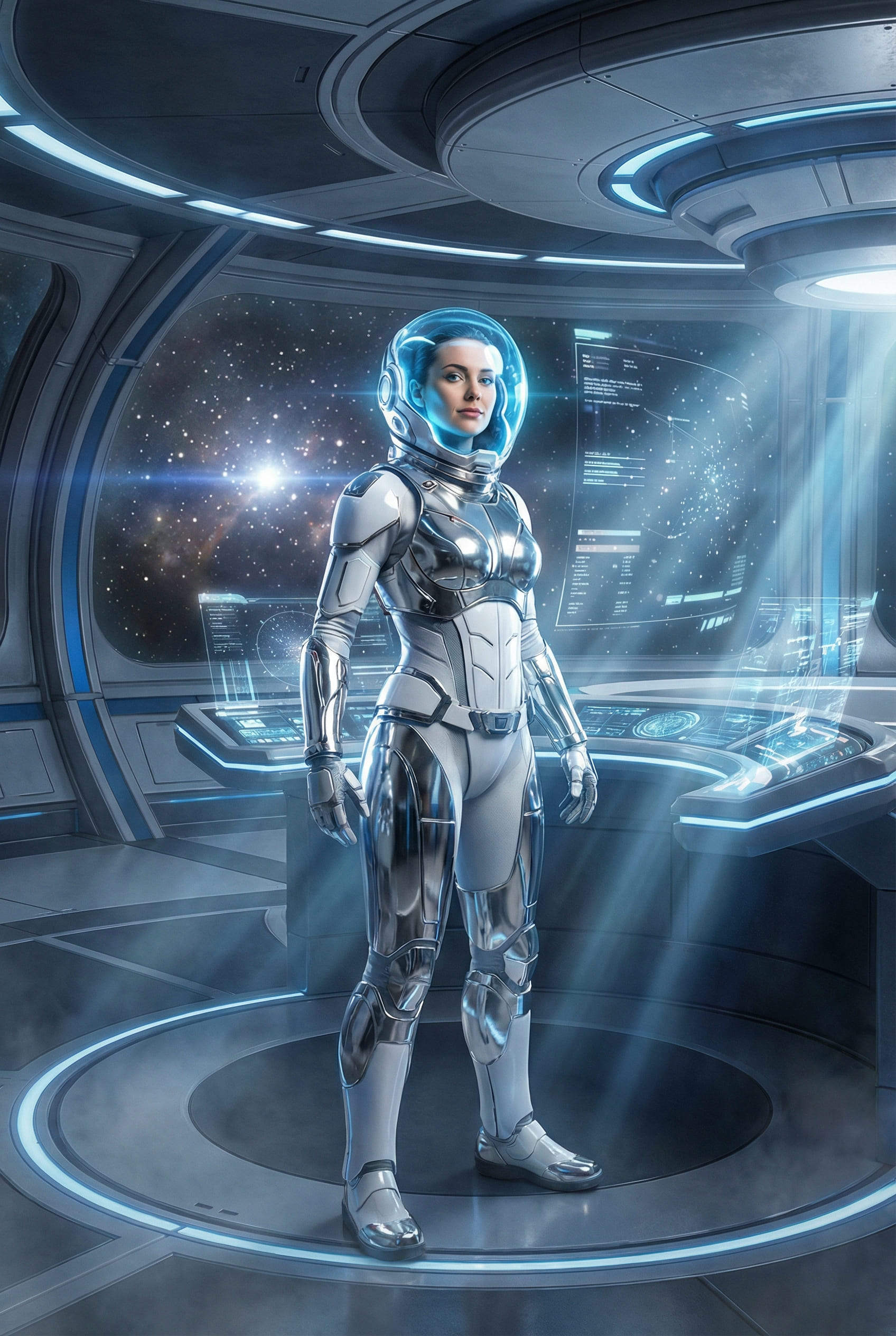 fille IA futuriste en combinaison spatiale sur passerelle de vaisseau