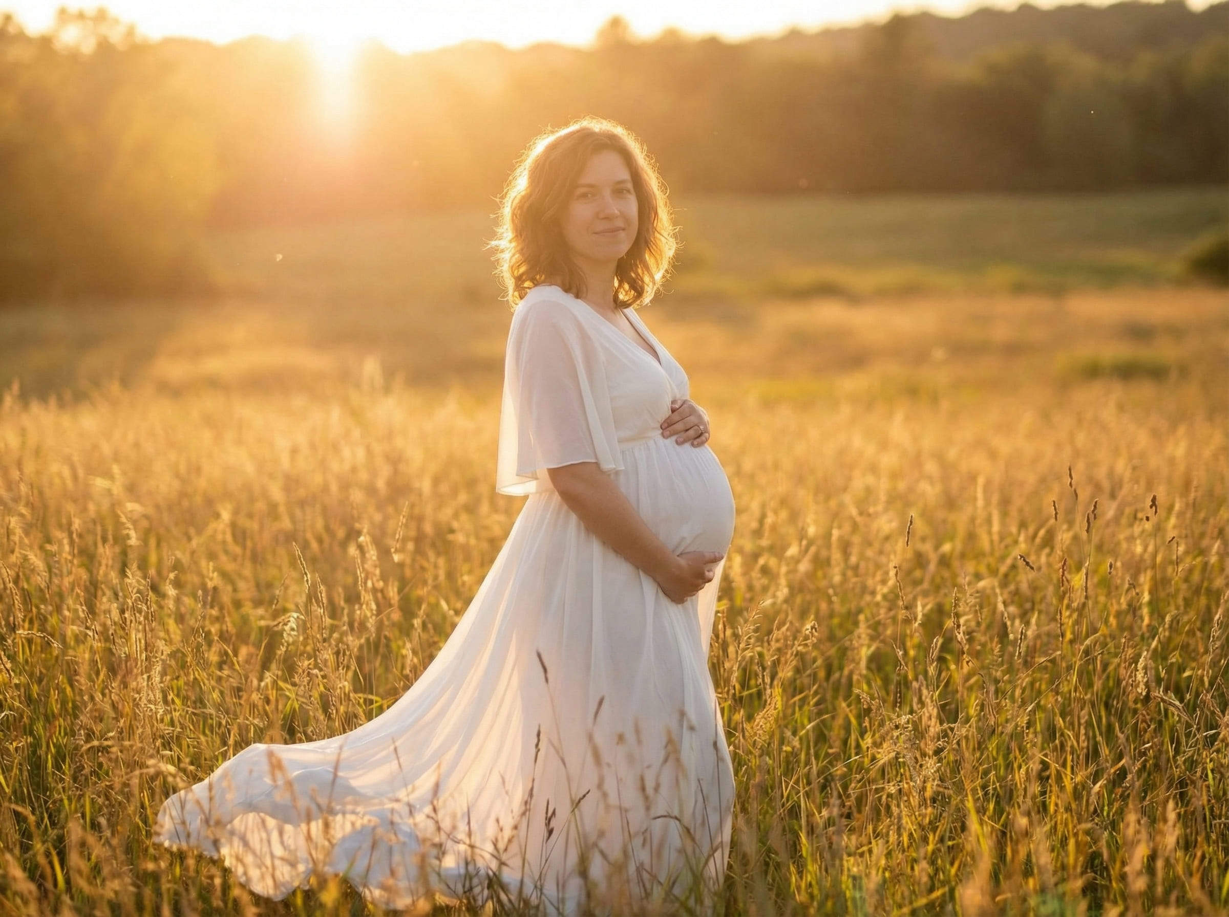 pregnant woman golden hour field