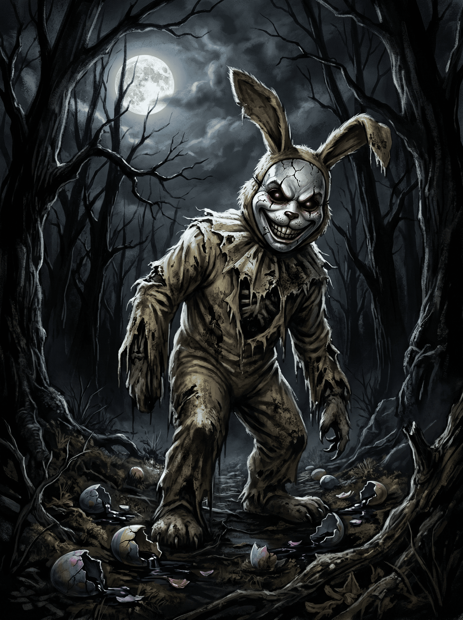 Sinister gothic Easter bunny glowing red eyes horror