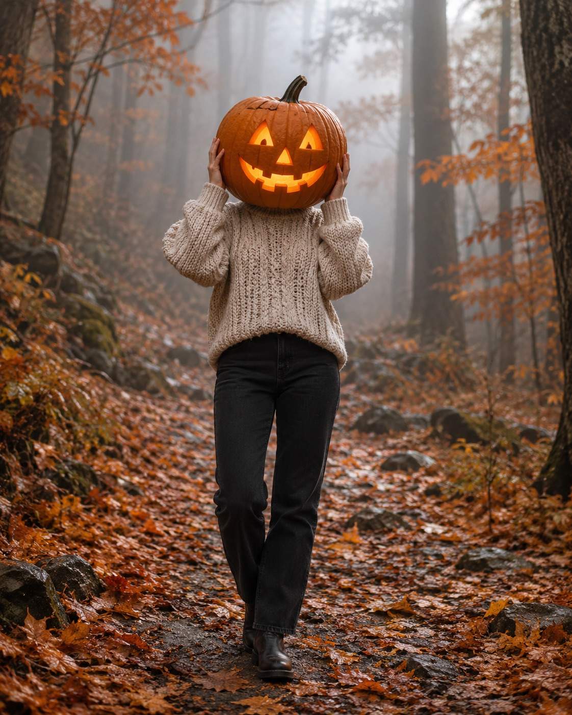 Pumpkin Head on a Woodland Path Halloween photo