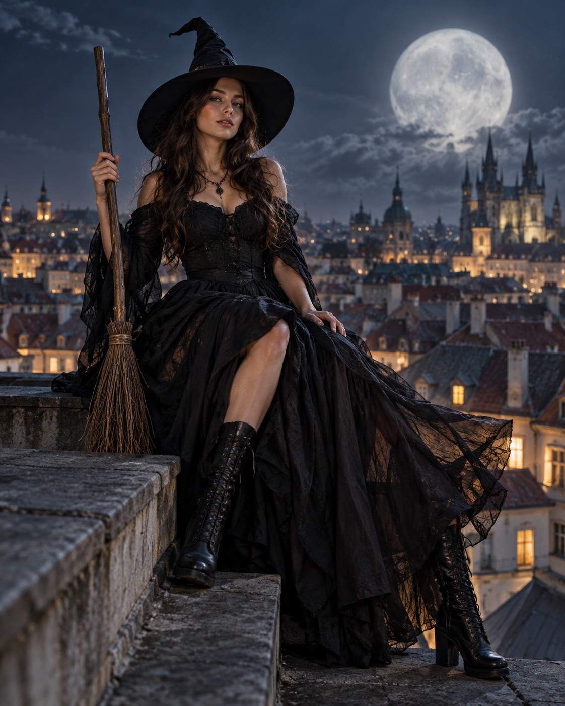 Halloween-Foto: Dachhexe im Mondlicht