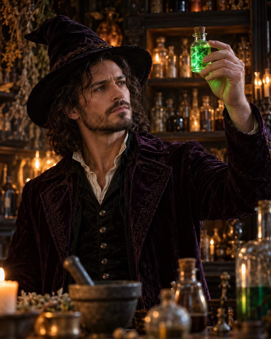 Photo d’Halloween : Portrait de sorcier chez l’apothicaire