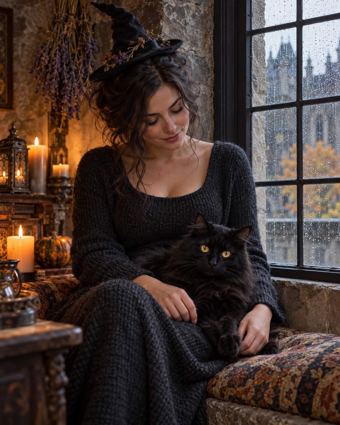 Photo d’Halloween : Sorcière et chat noir à la fenêtre