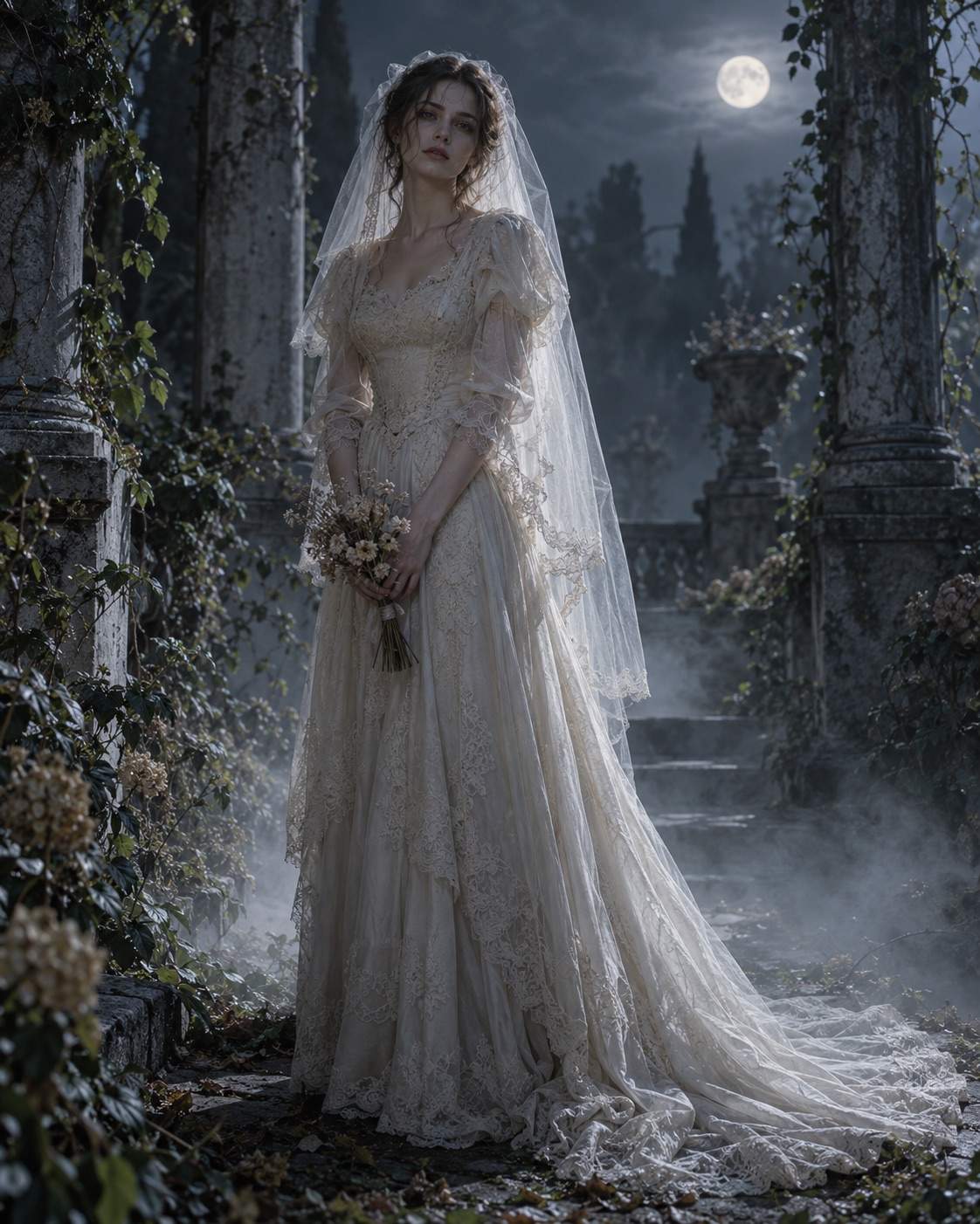 Photo d’Halloween : Mariée fantôme dans un jardin lunaire