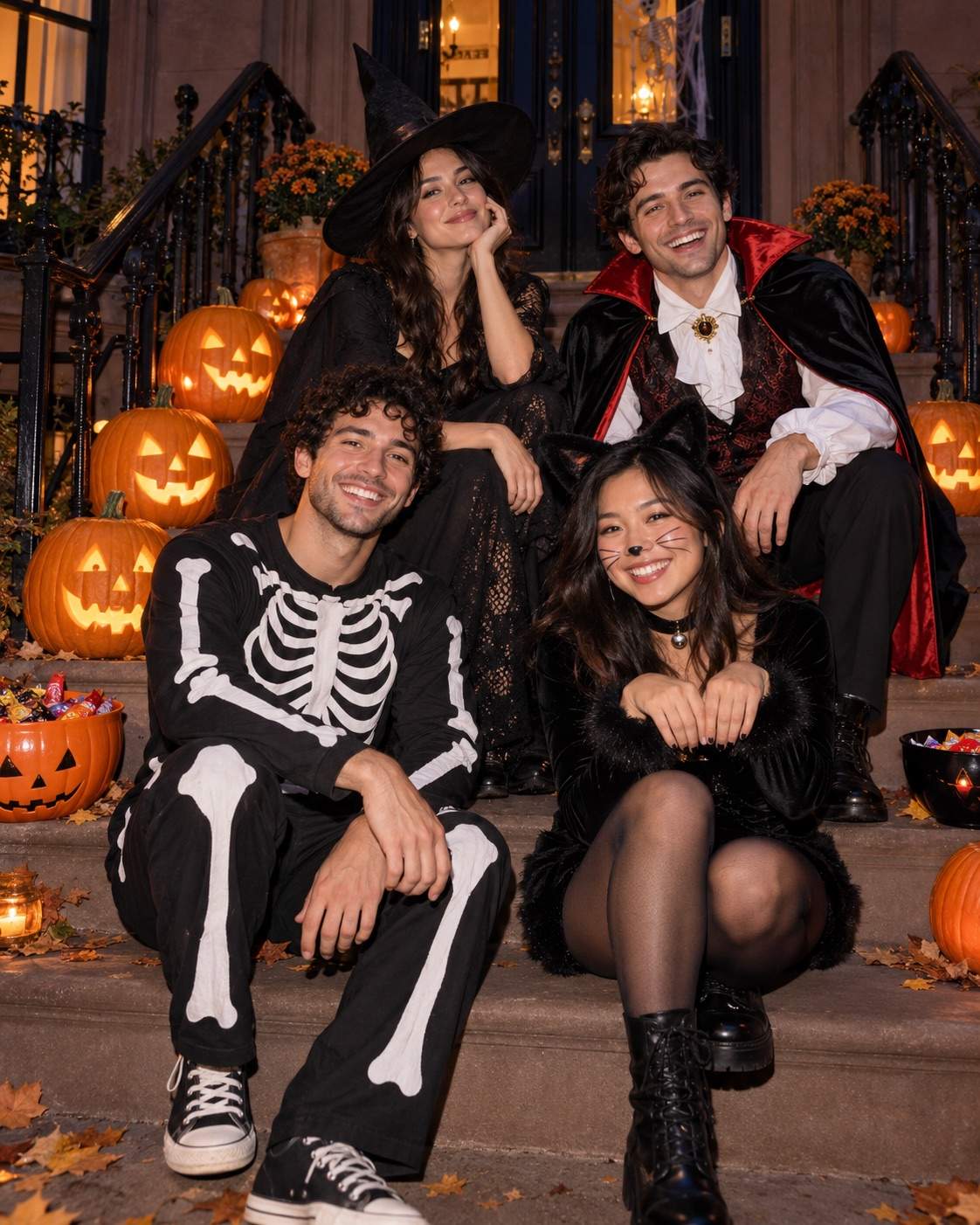 Photo d’Halloween : Quatre amis sur le perron d’Halloween