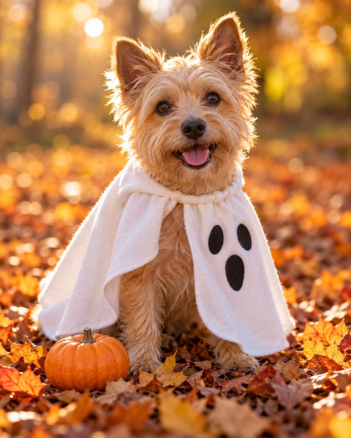 Tiny Ghost Dog in Autumn Leaves Halloween photo