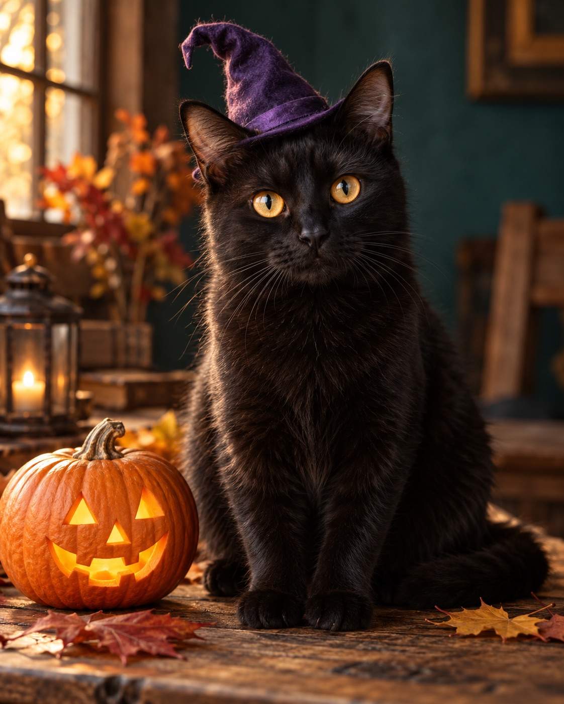 Photo d’Halloween : Chat noir au chapeau de sorcière