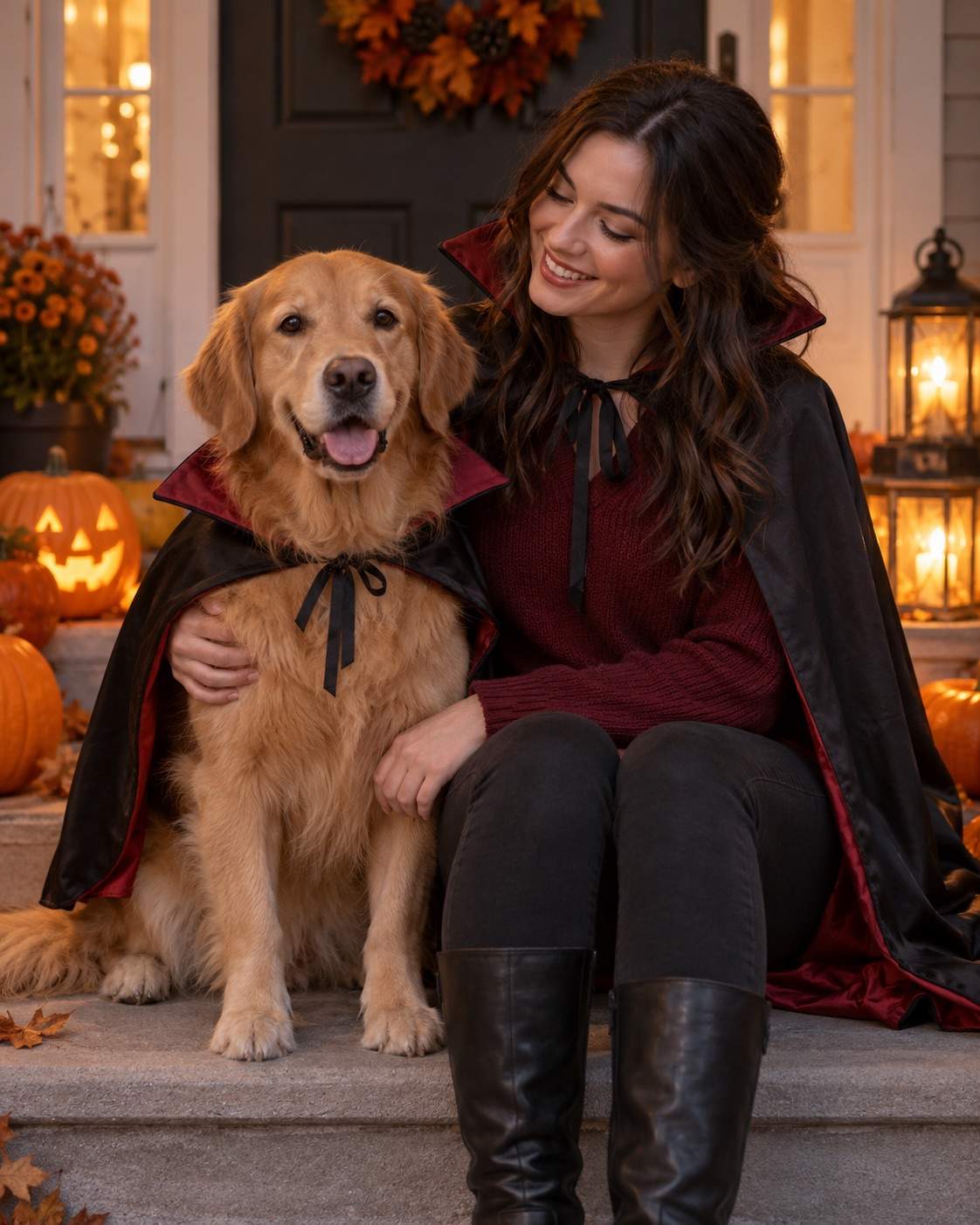 Photo d’Halloween : Chien et maîtresse aux capes assorties