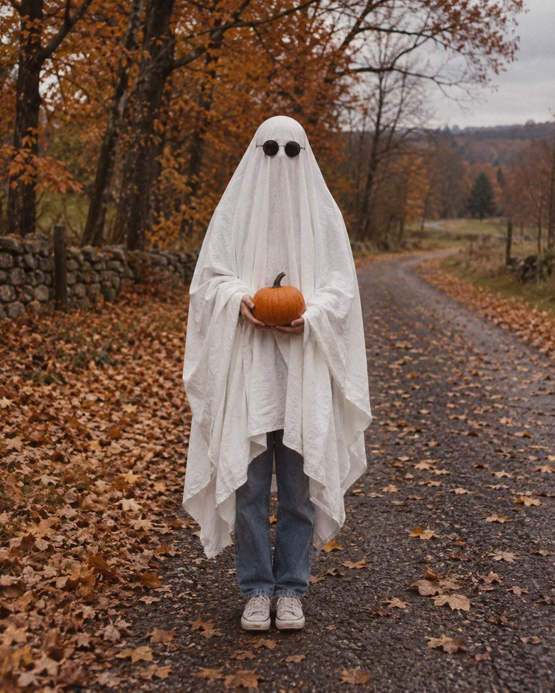 Sunglasses Ghost on an Autumn Road Halloween photo