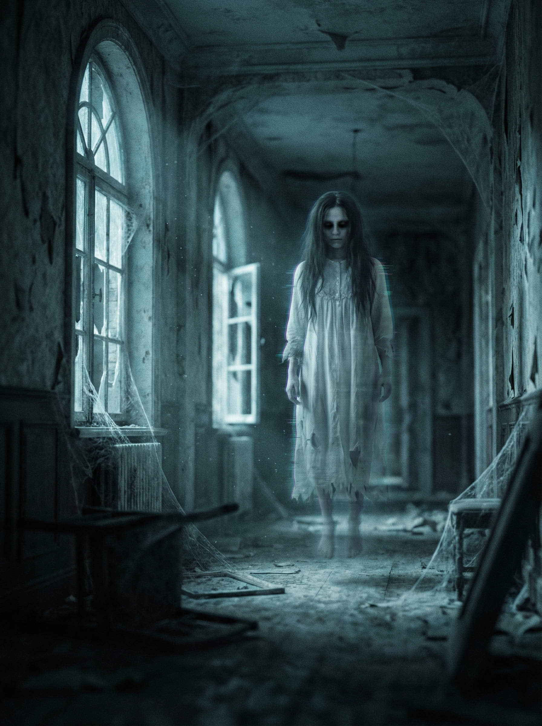 fillette fantôme IA chemise de nuit victorienne dans manoir abandonné