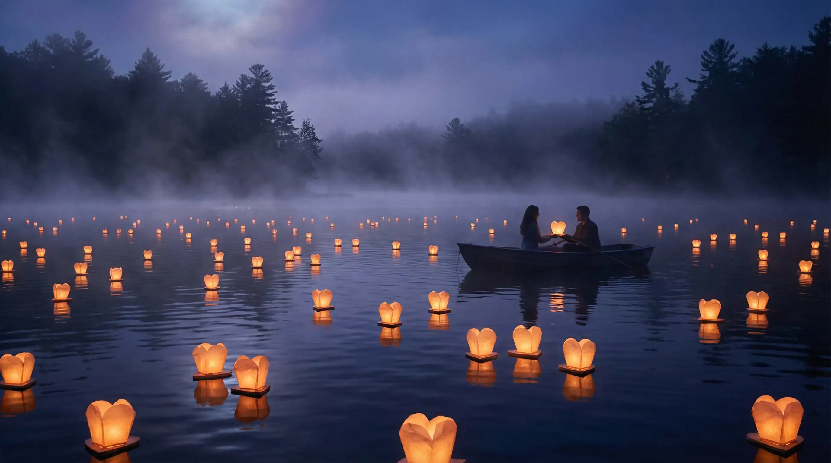 lumières en cœur sur un lac