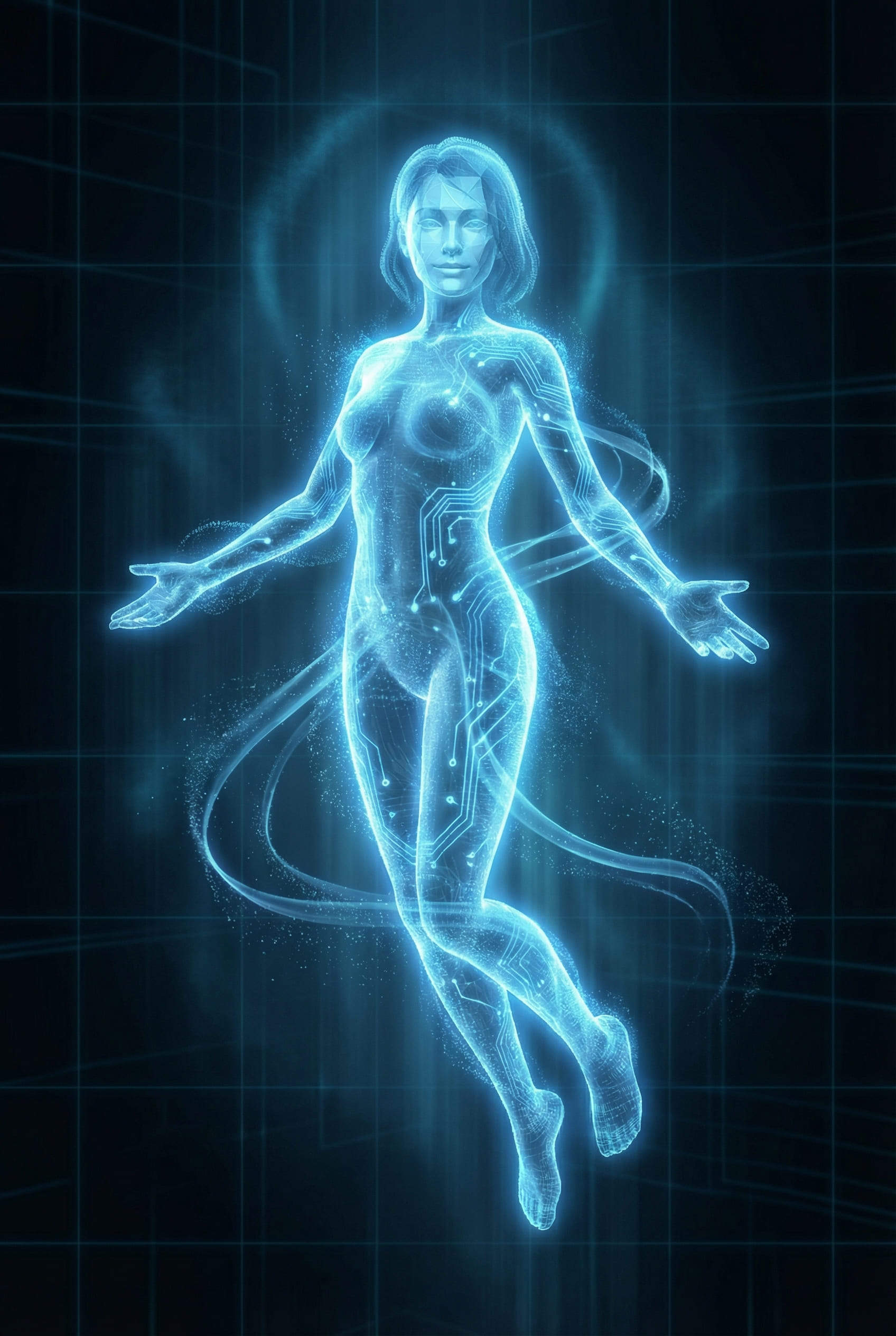 fille IA holographique en particules de lumière bleue maillage numérique