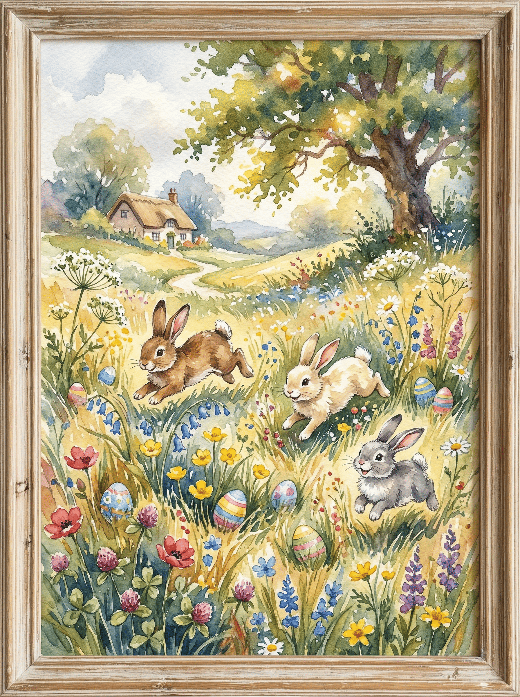 Impressionist watercolor Easter bunnies wildflower meadow playing