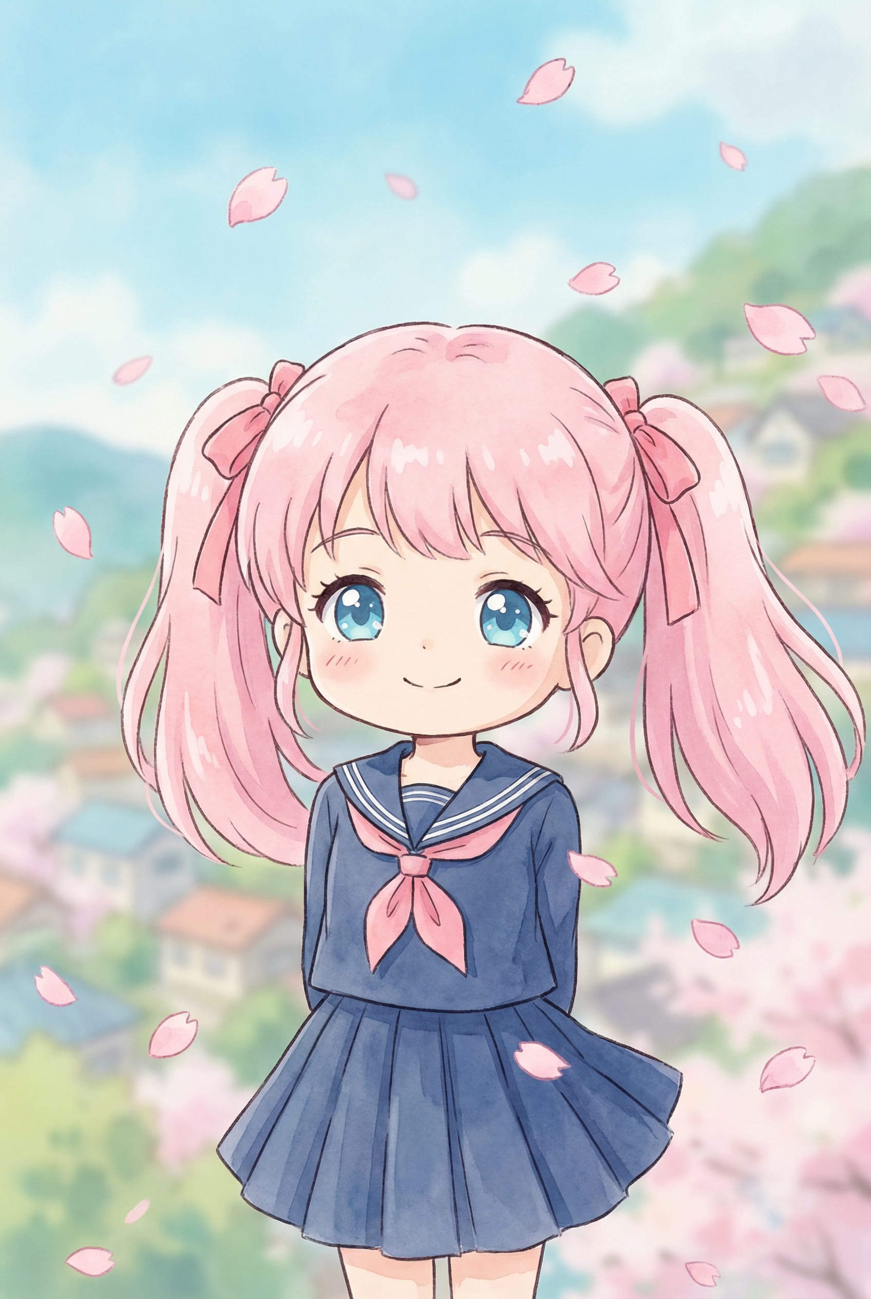 fille IA anime kawaii aux cheveux roses en couettes