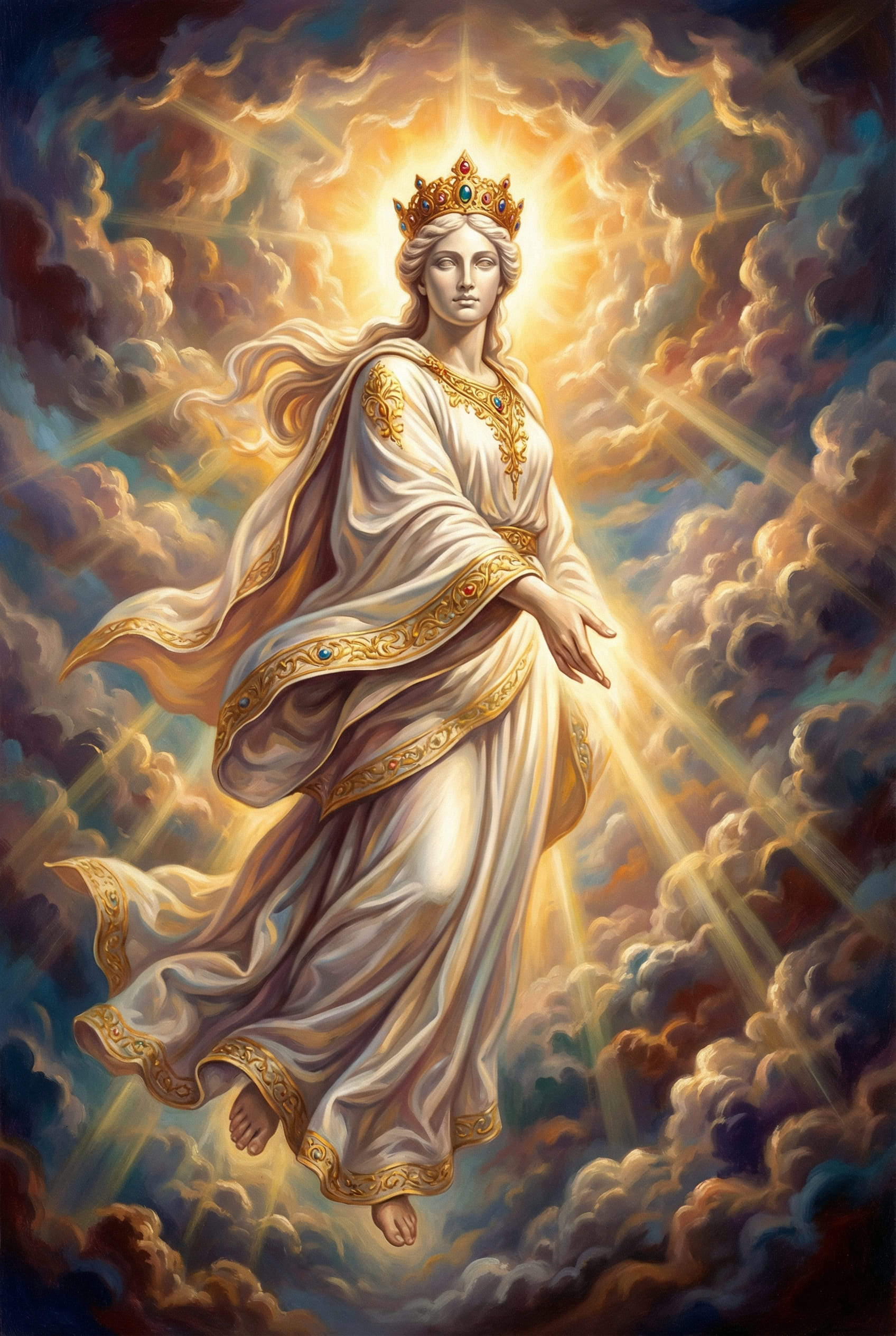 déesse IA majestueuse en robes blanches et dorées dans les cieux