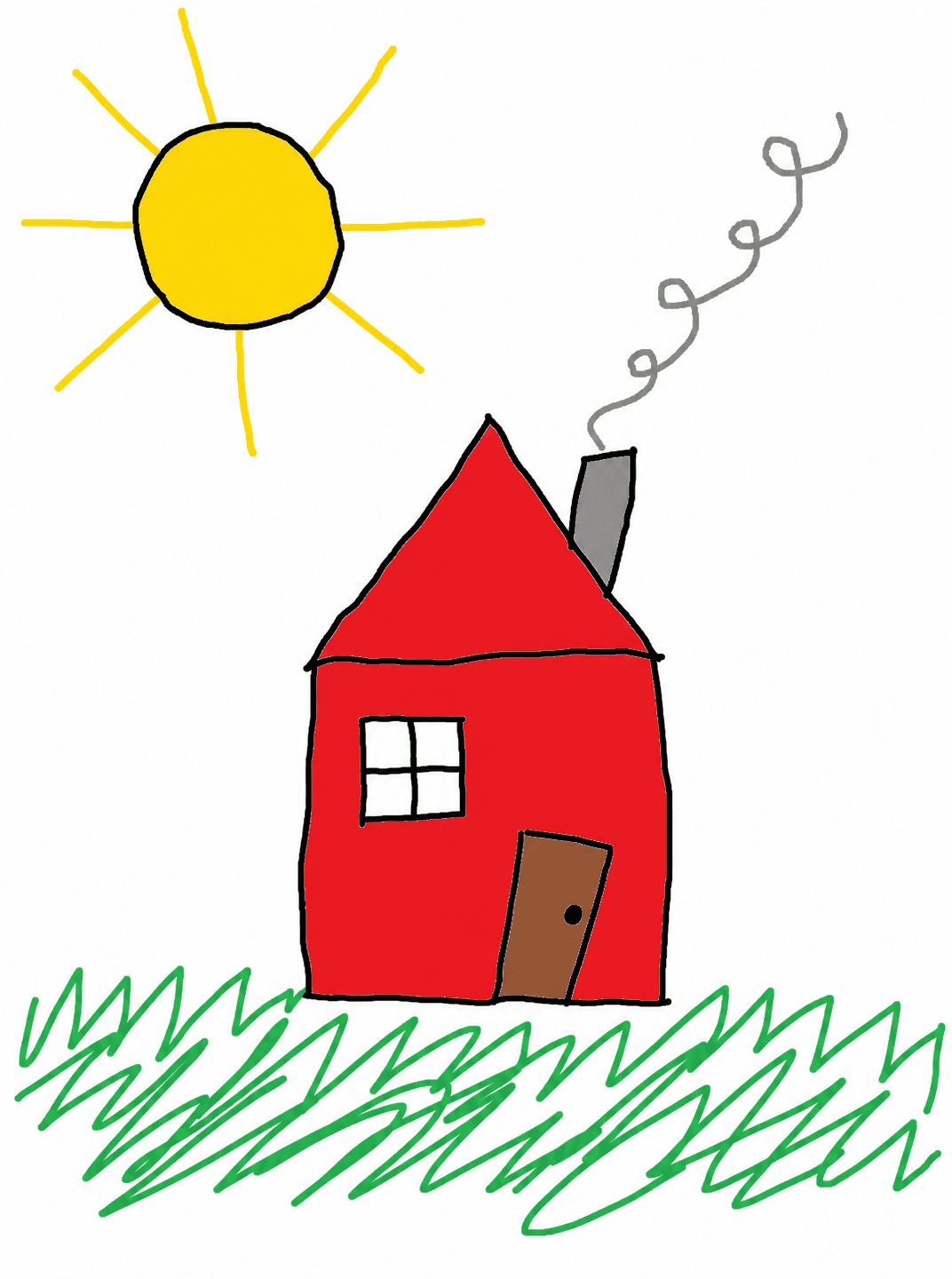Childlike MS Paint AI house and sun drawing