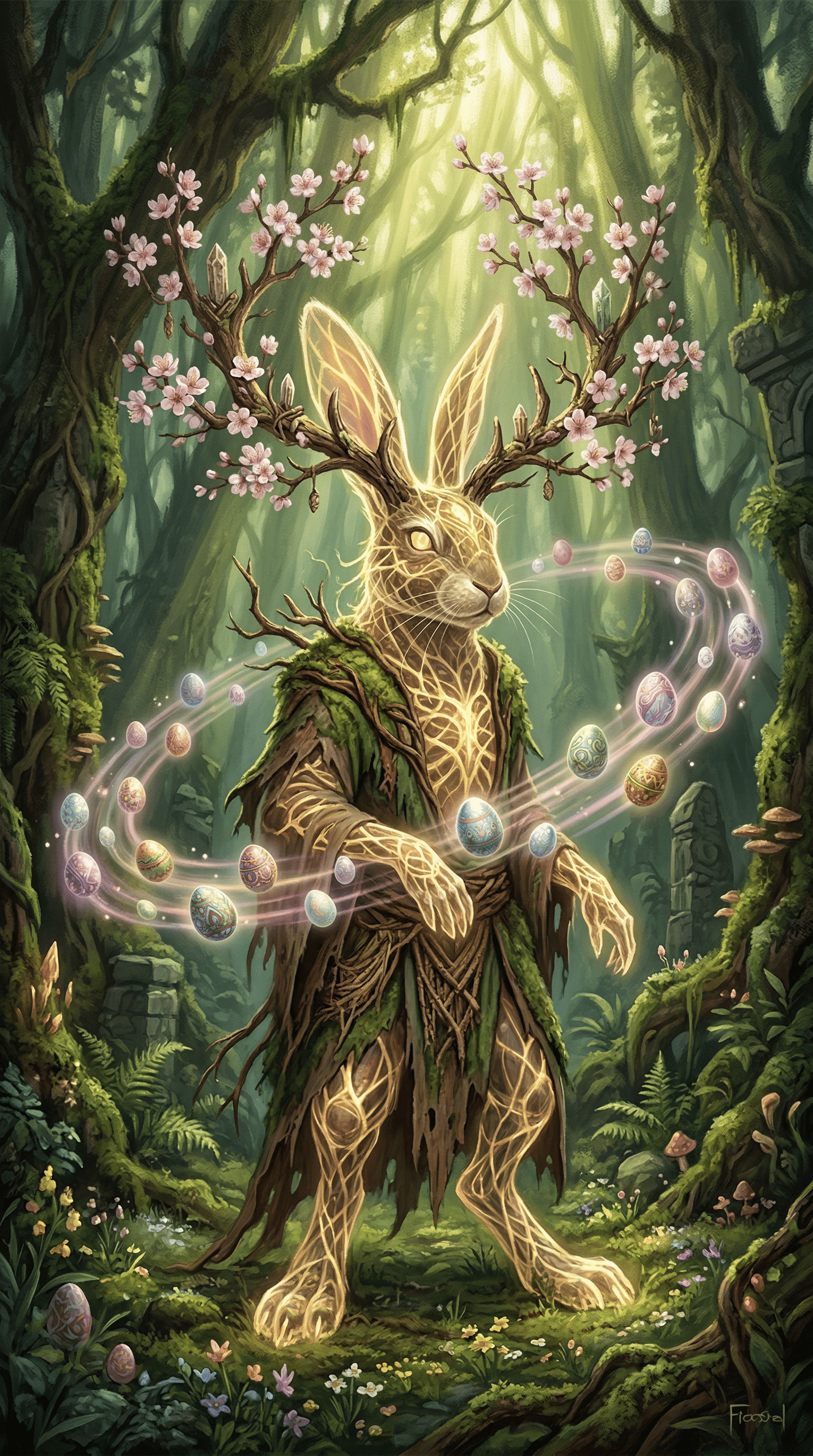Conejo de Pascua mítico espíritu del bosque etéreo y resplandeciente