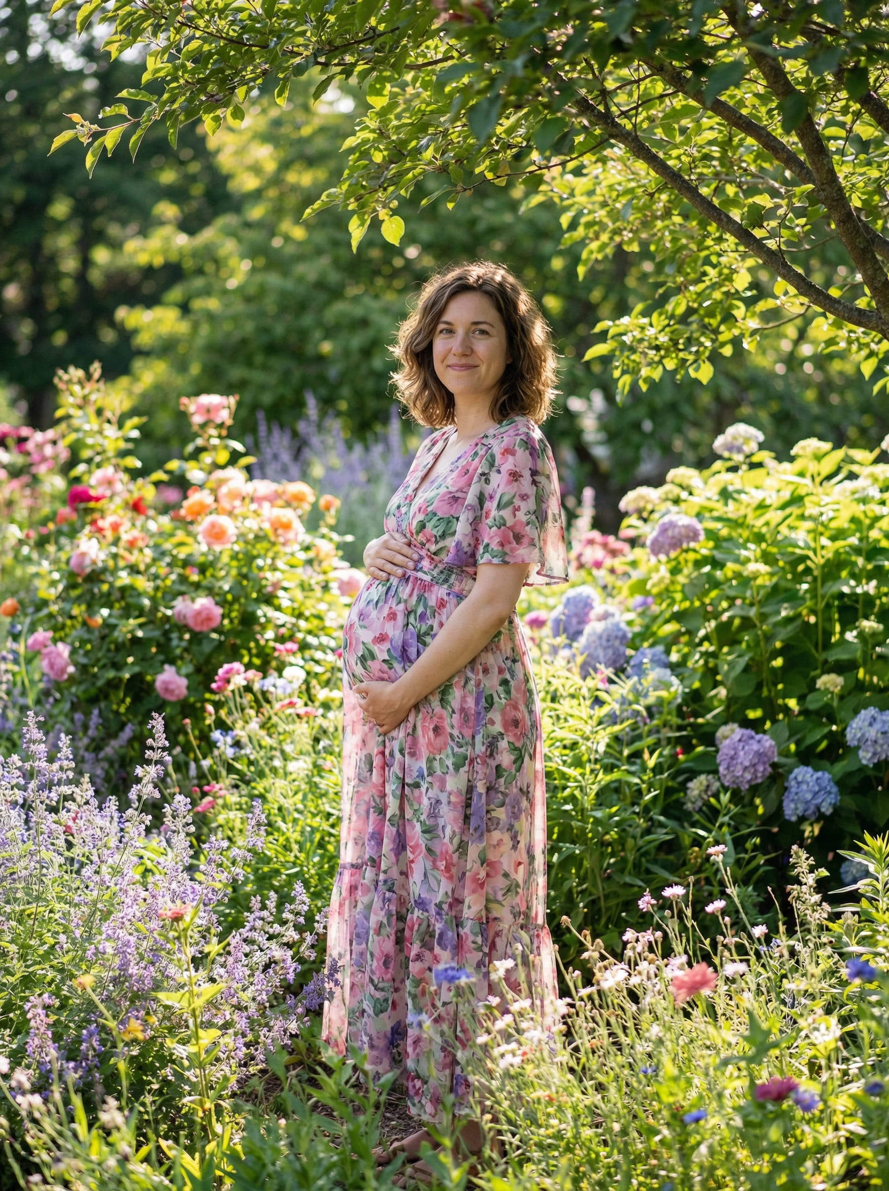 pregnant woman garden flowers nature