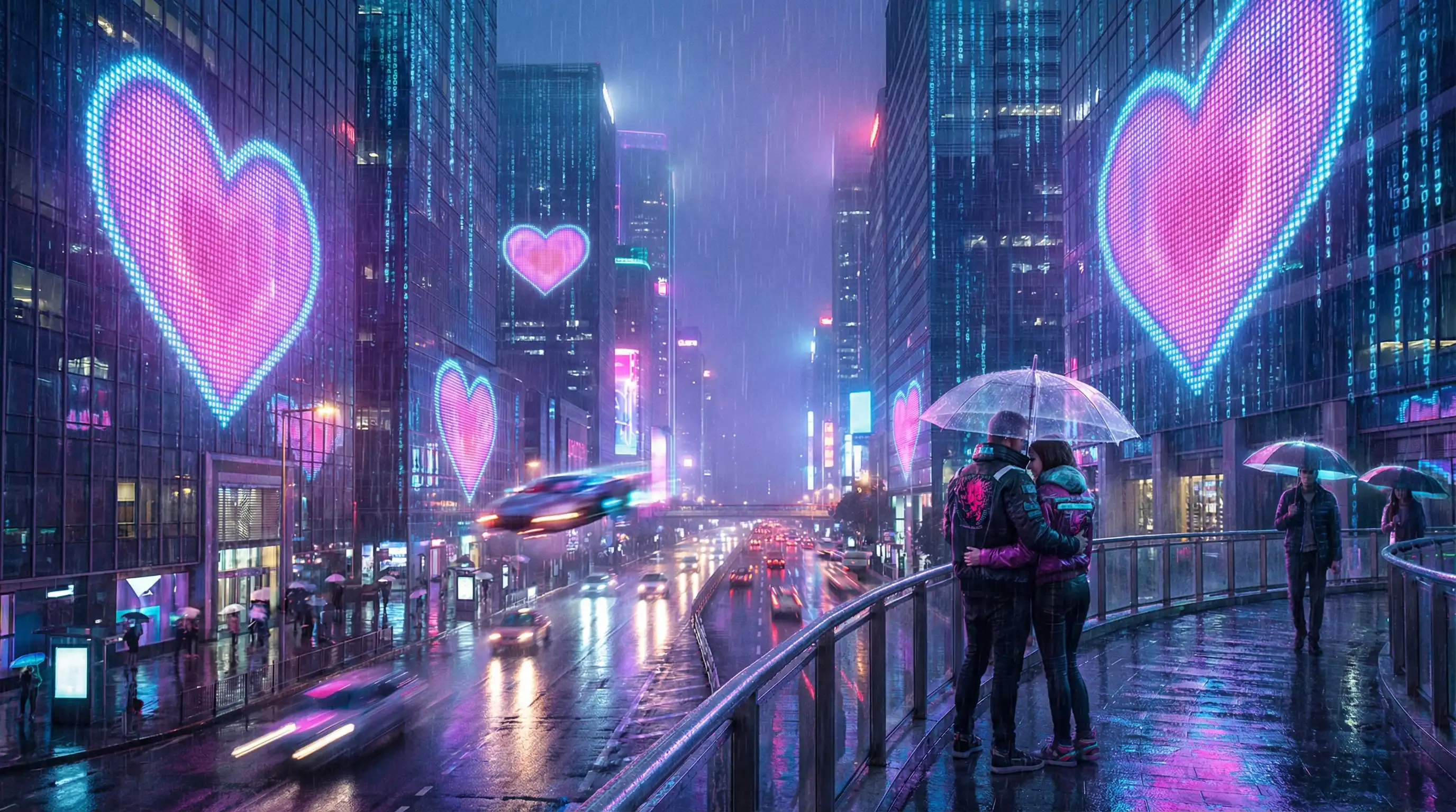 ville cyberpunk avec panneaux cœurs néon