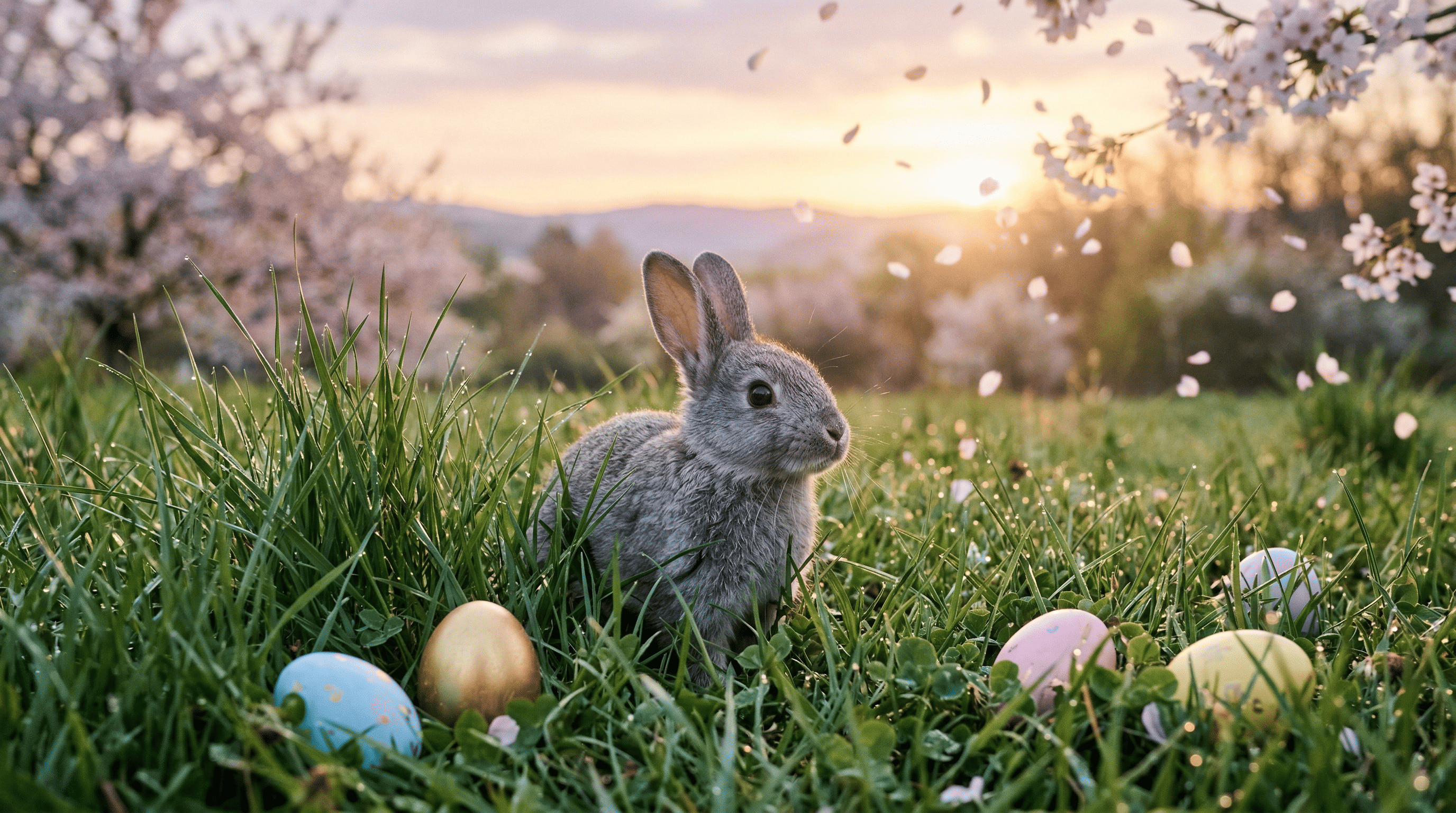 Peaceful Easter morning bunny sunrise dewy meadow