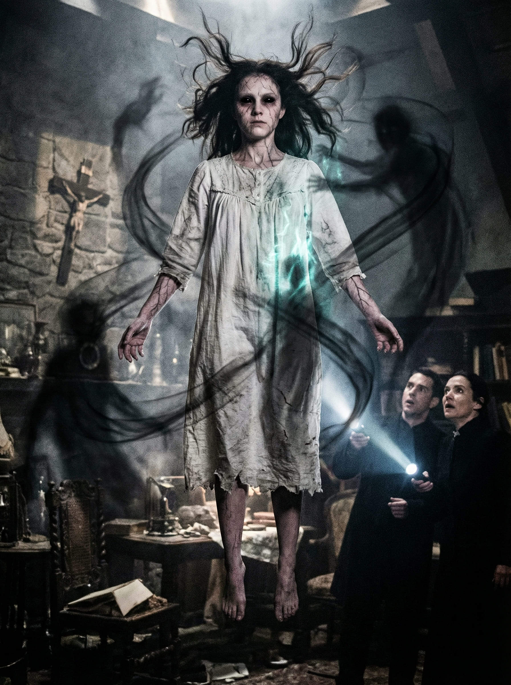 fille IA possédée aux yeux noirs flottant parmi des ombres démoniaques