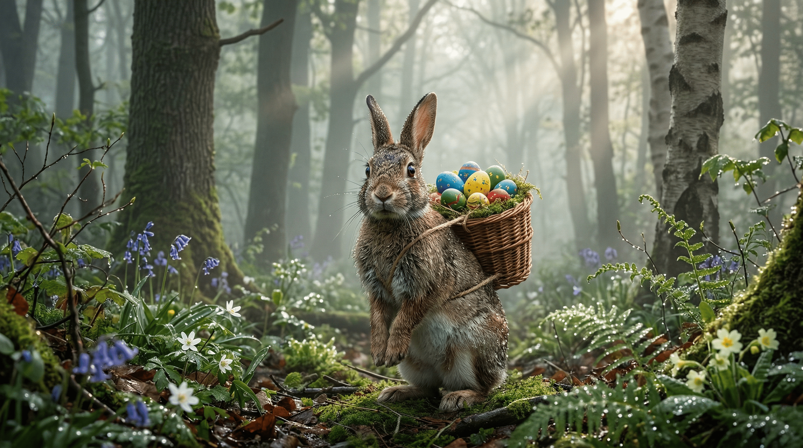 Photorealistic Easter bunny misty morning forest dawn
