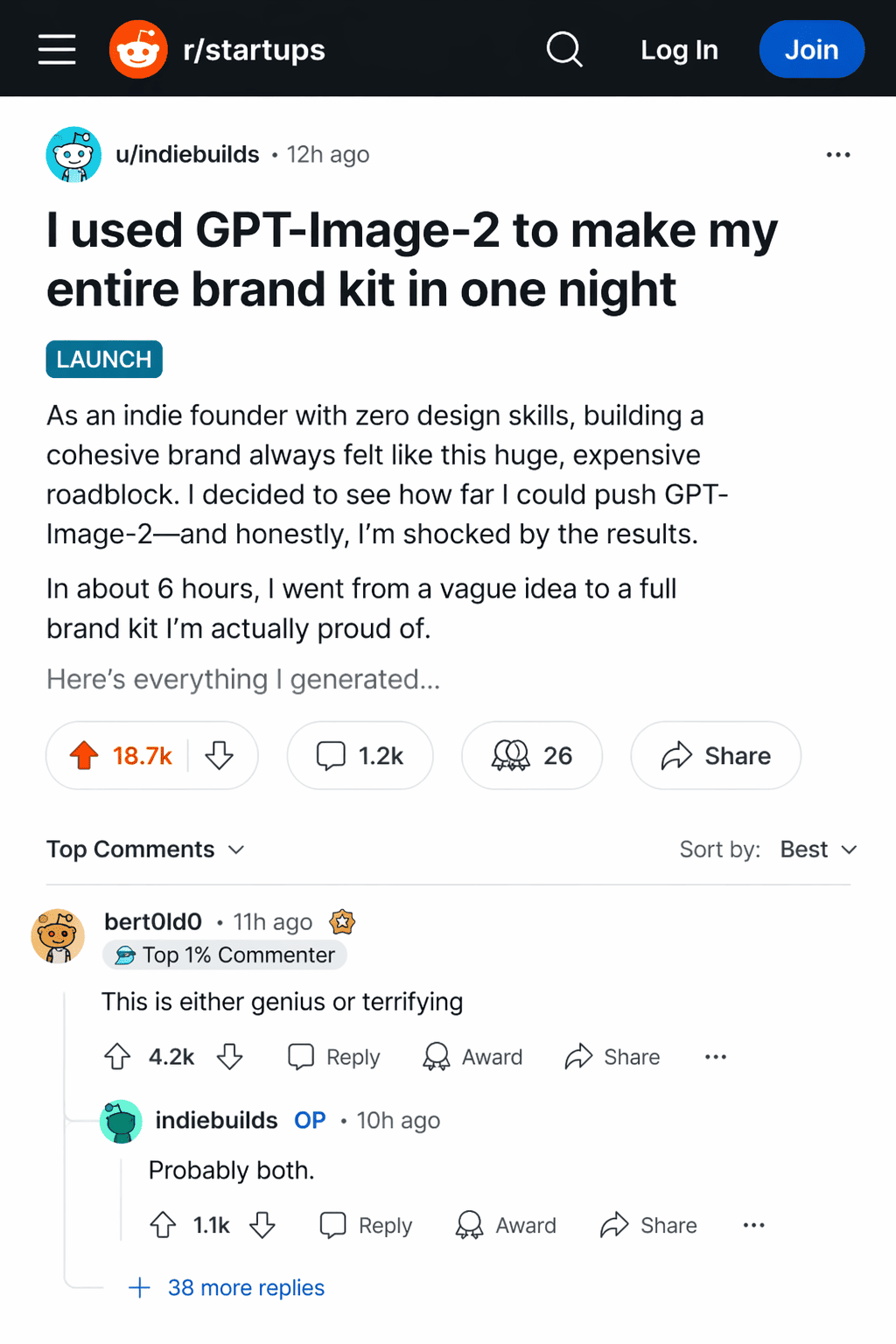 Reddit launch thread generated by gpt image 2