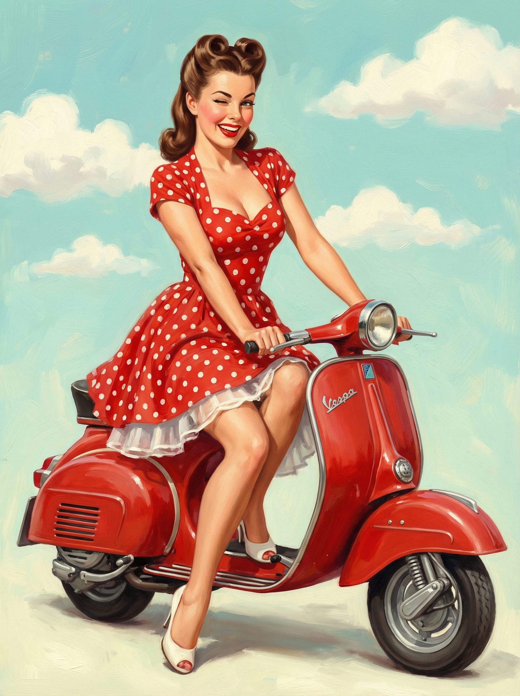 fille pin-up rétro 1950 IA sur Vespa