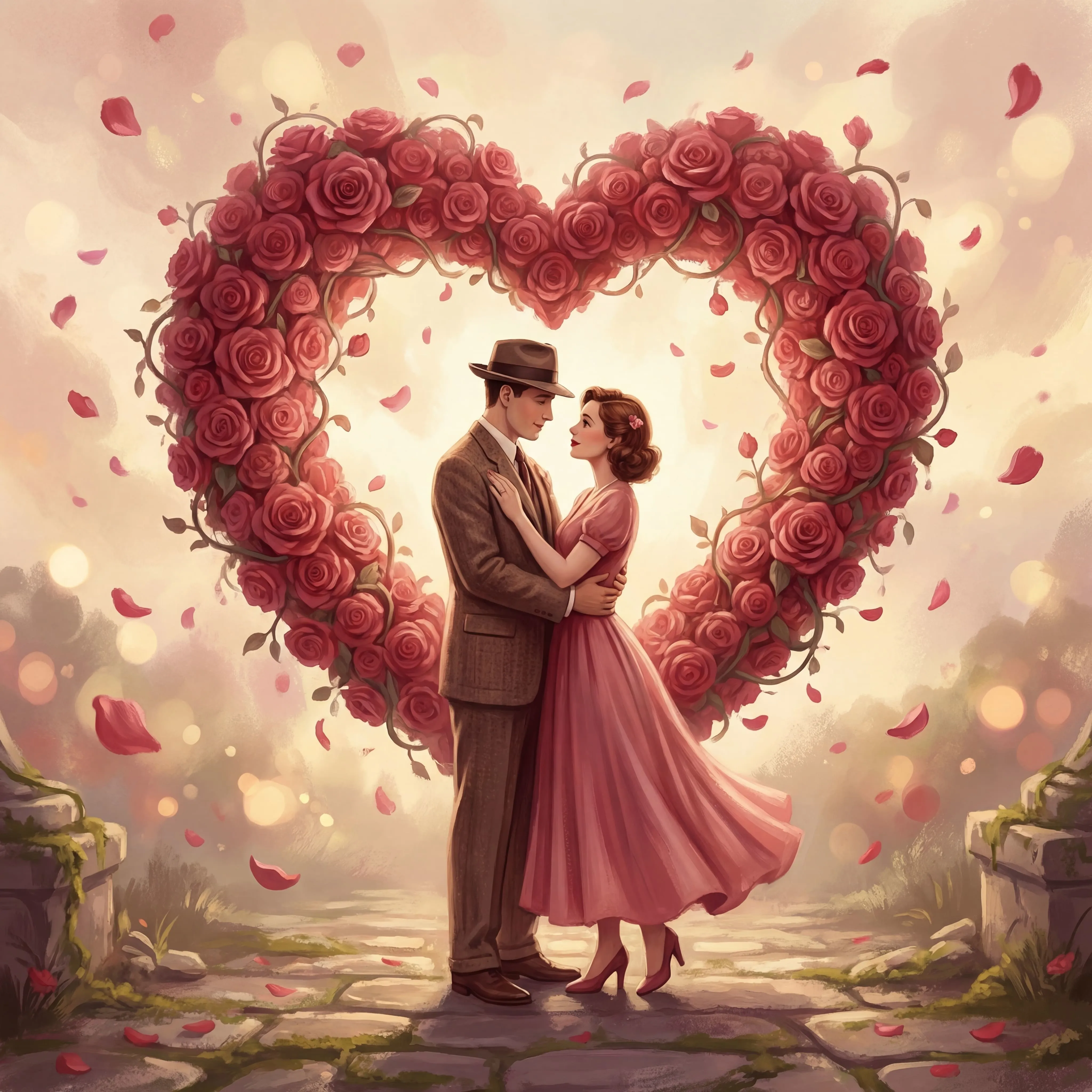 couple romantique devant un grand cœur composé de roses rouges