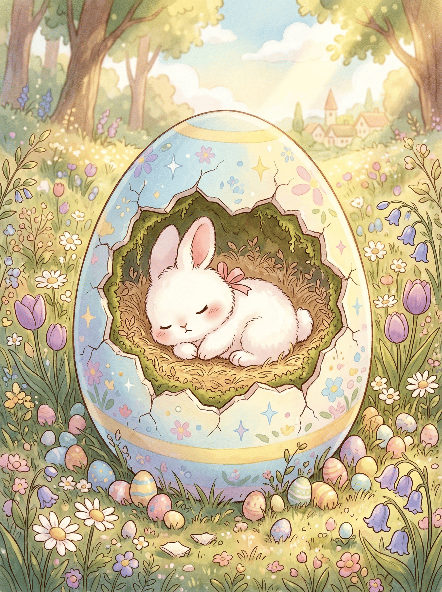 Bebé conejo durmiendo en huevo de Pascua agrietado con flores