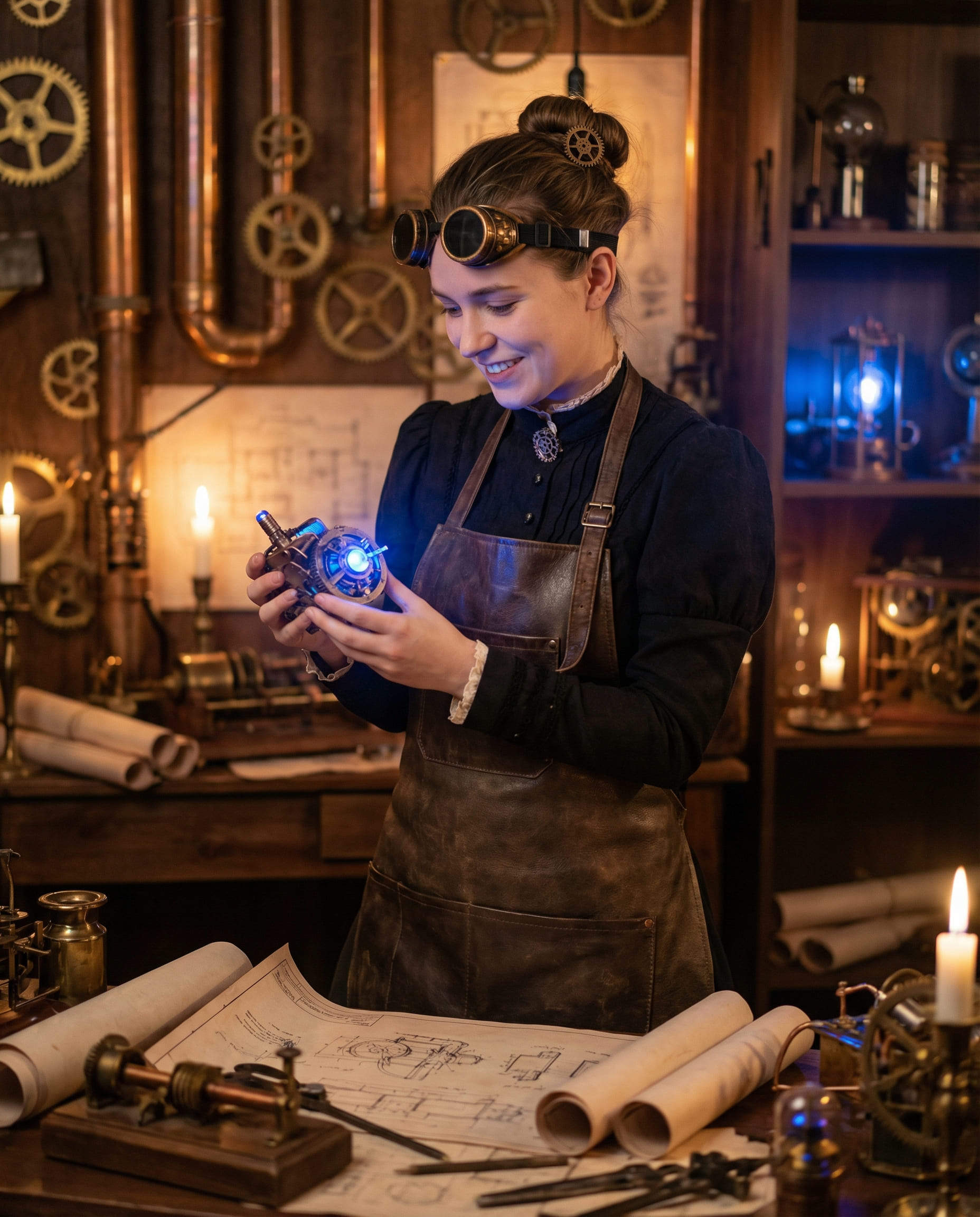 inventrice steampunk IA dans un atelier laboratoire victorien en laiton