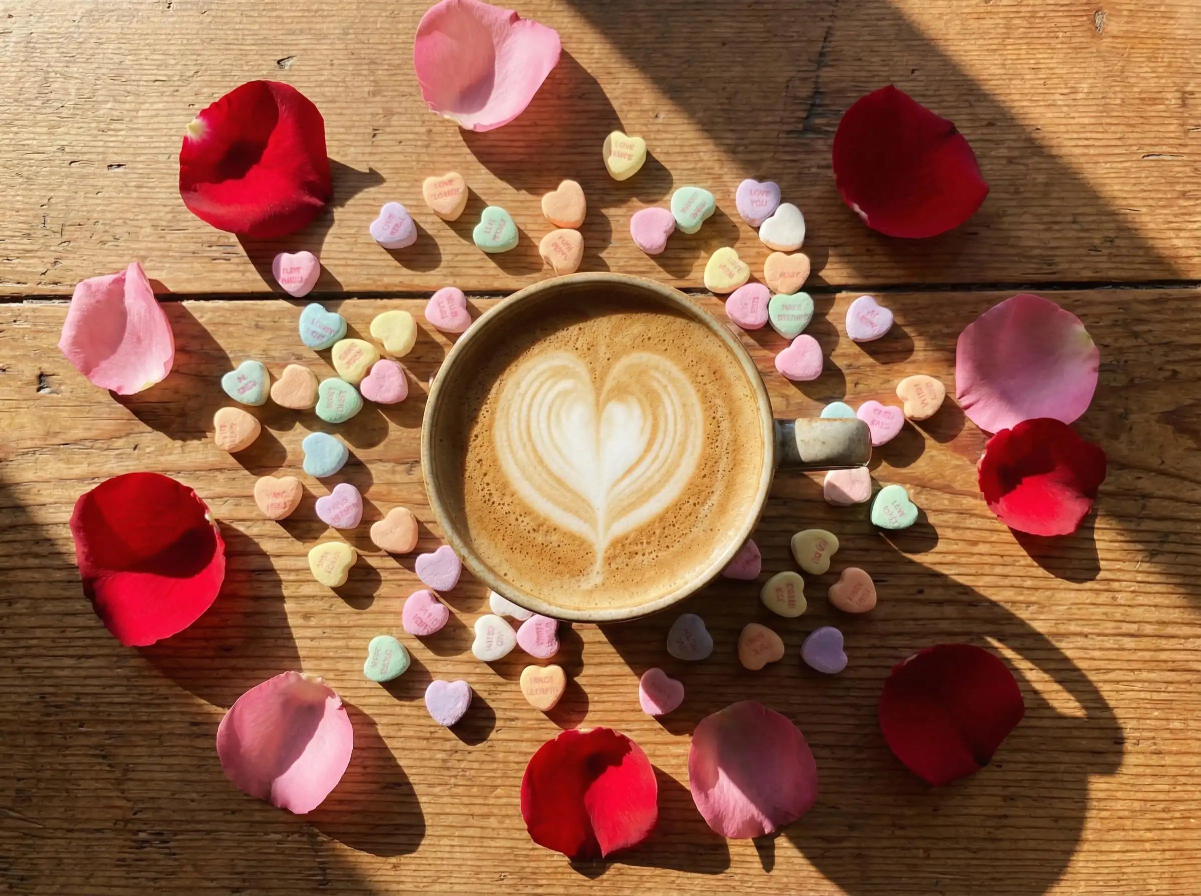 flatlay café et cœurs