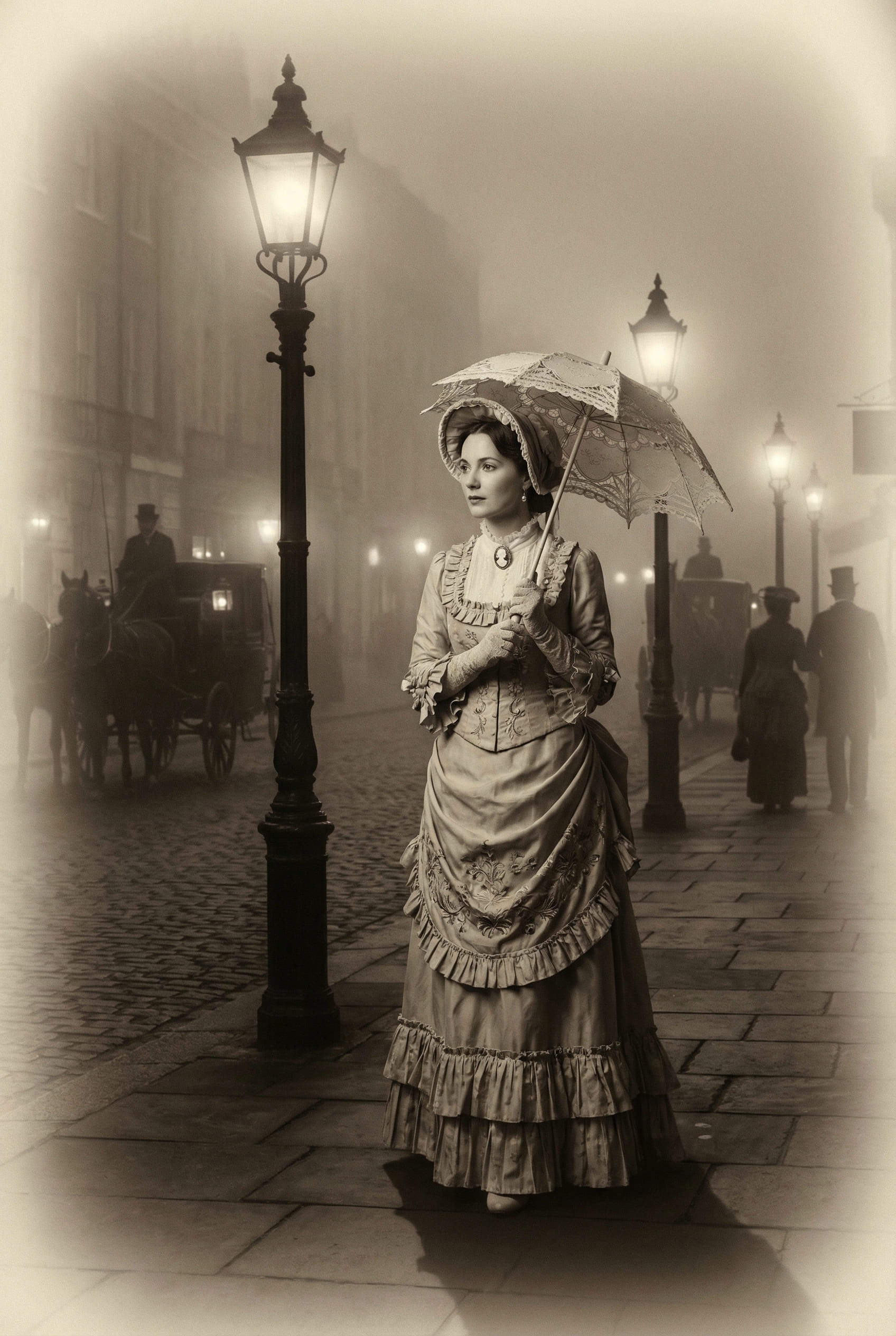 dame victorienne IA en robe d’époque dans une rue londonienne brumeuse