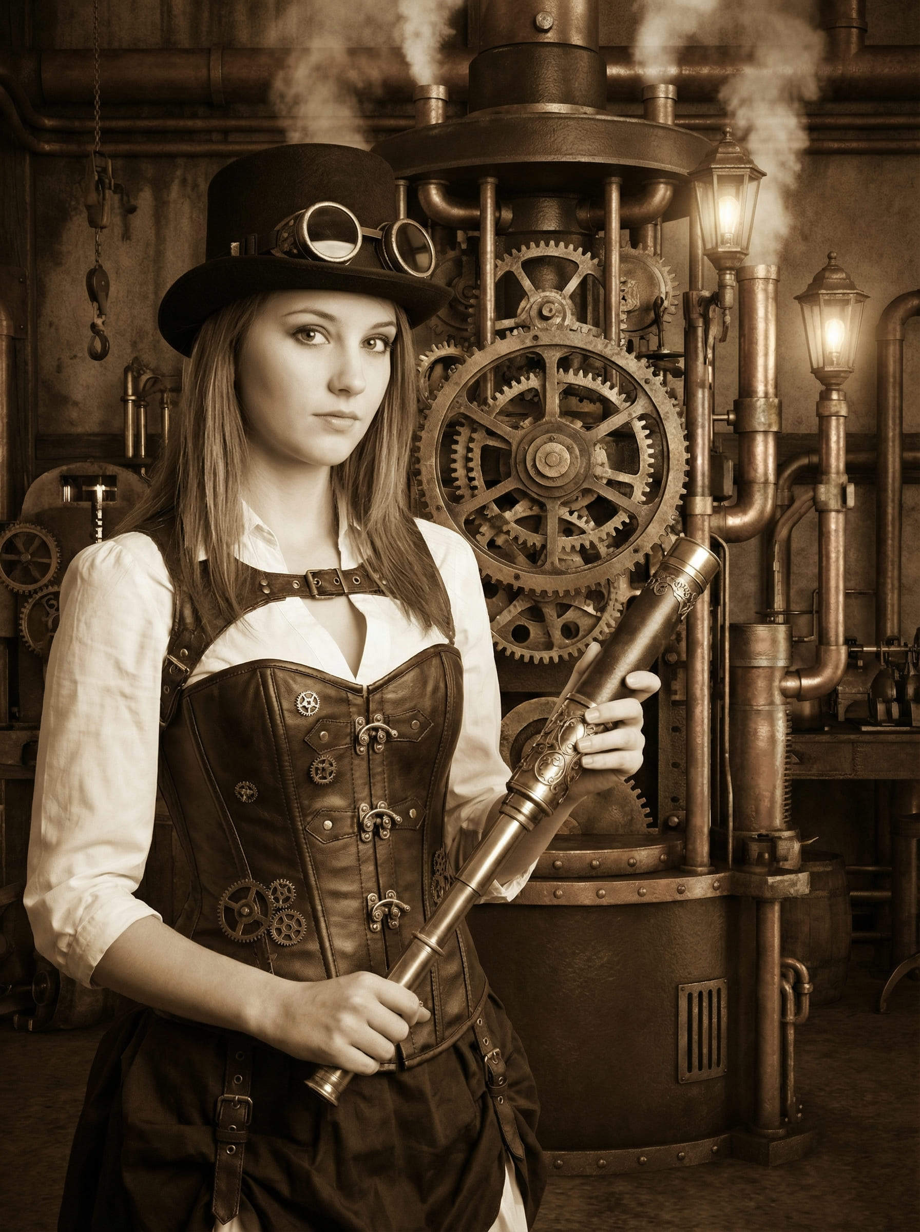 fille IA steampunk victorienne en corset de cuir et laiton